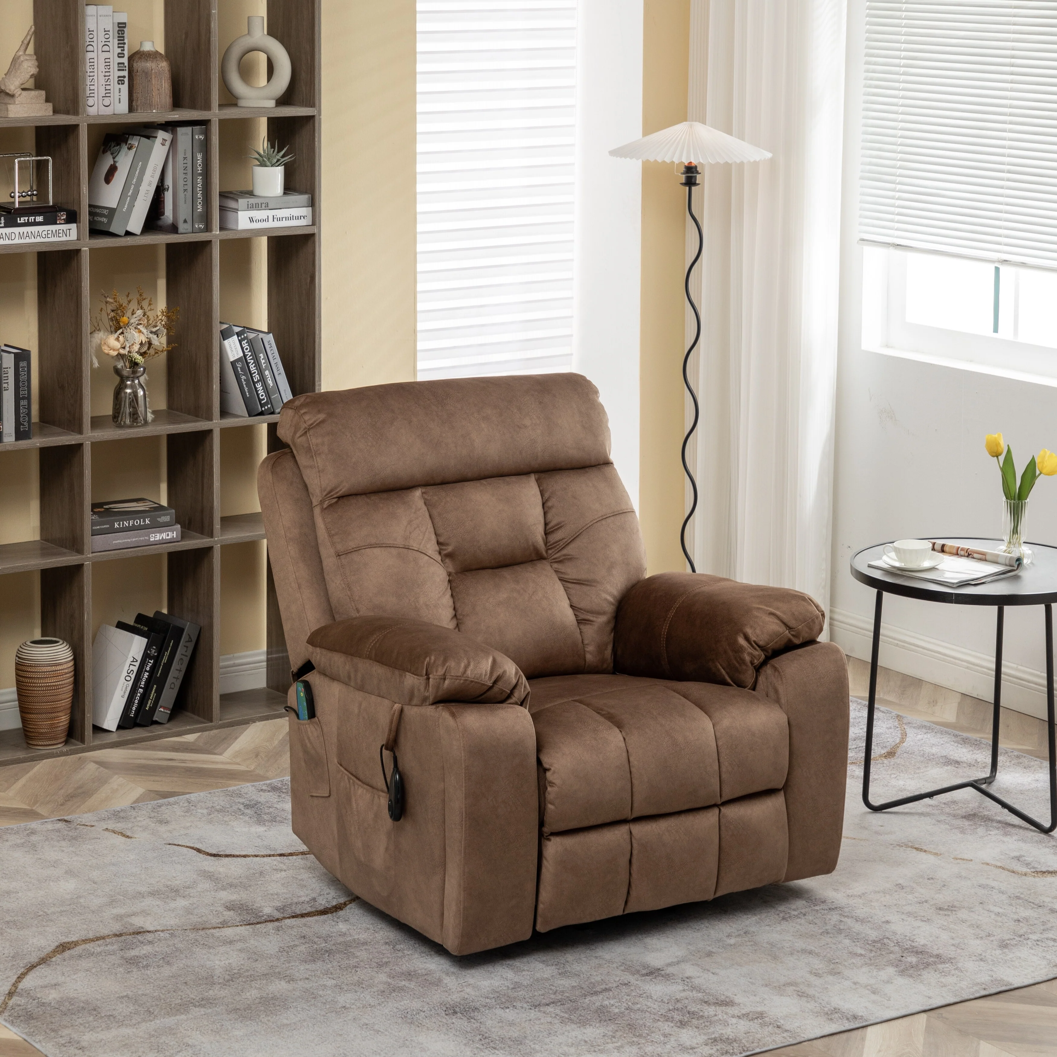 Brown Velvet Lift Recliner, Massage, Hidden Cup Holder, Pockets