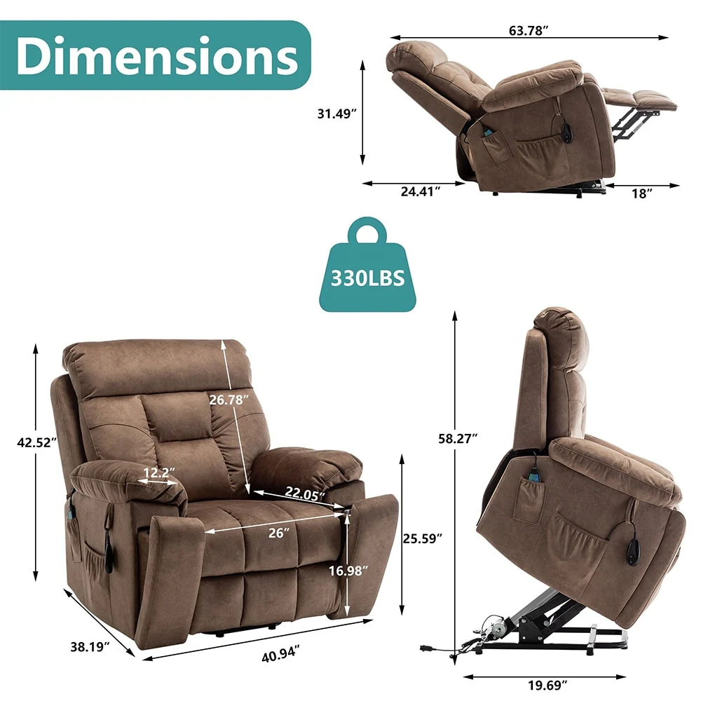 Large Electric Massage Lift Recliner with Heat, Hidden Cup Holder