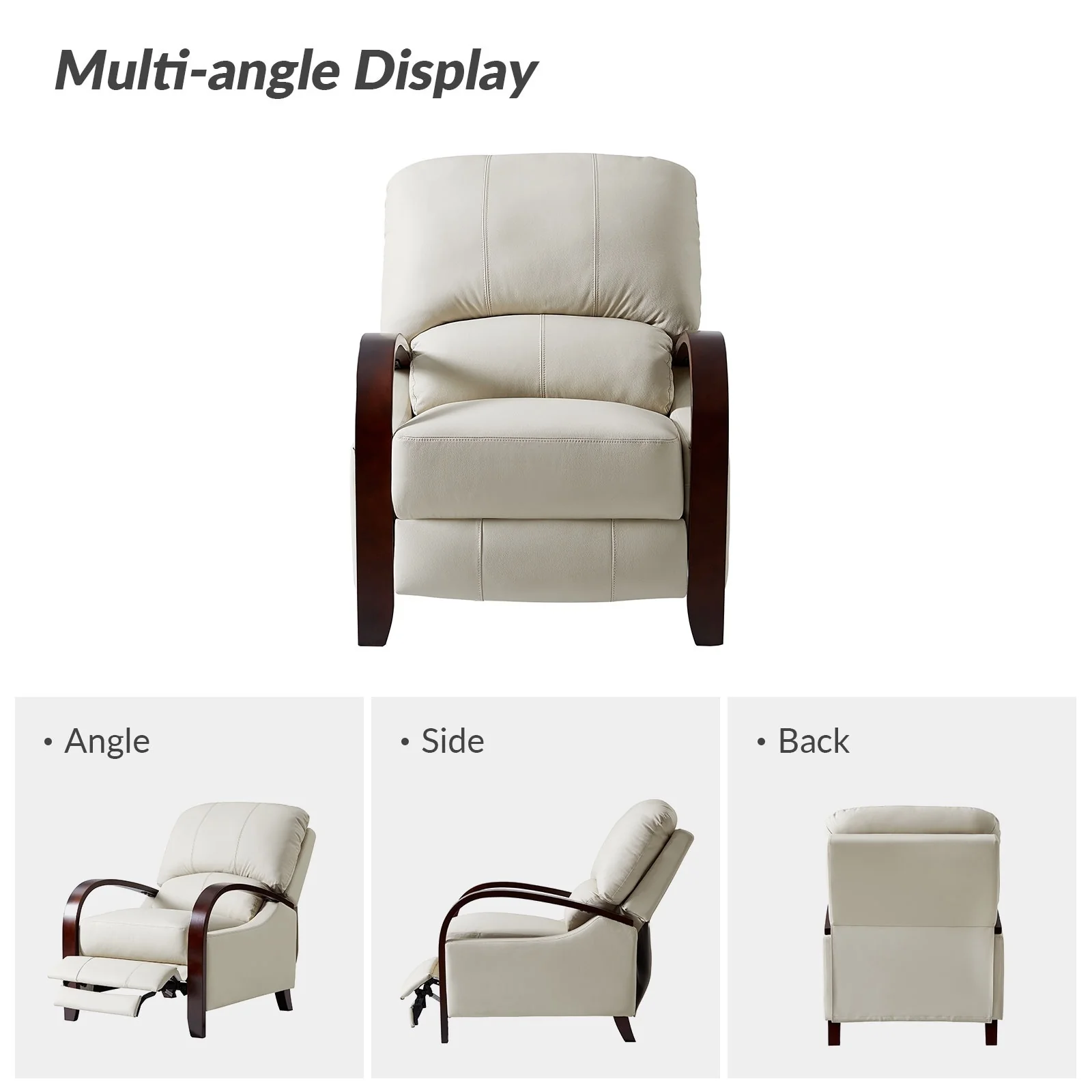 Alex Mid-century Modern Cigar Genuine Leather Manual Recliner with Wooden Curved Arms