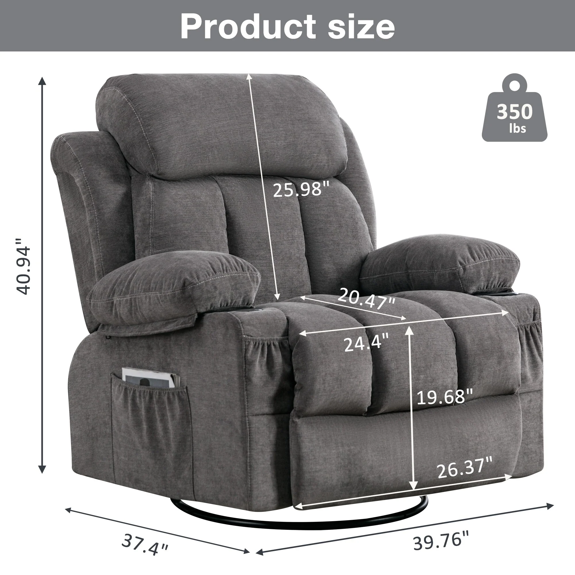 Massage 360 Swivel Rocker Recliner Chair, Heating, Cup Holders, USB