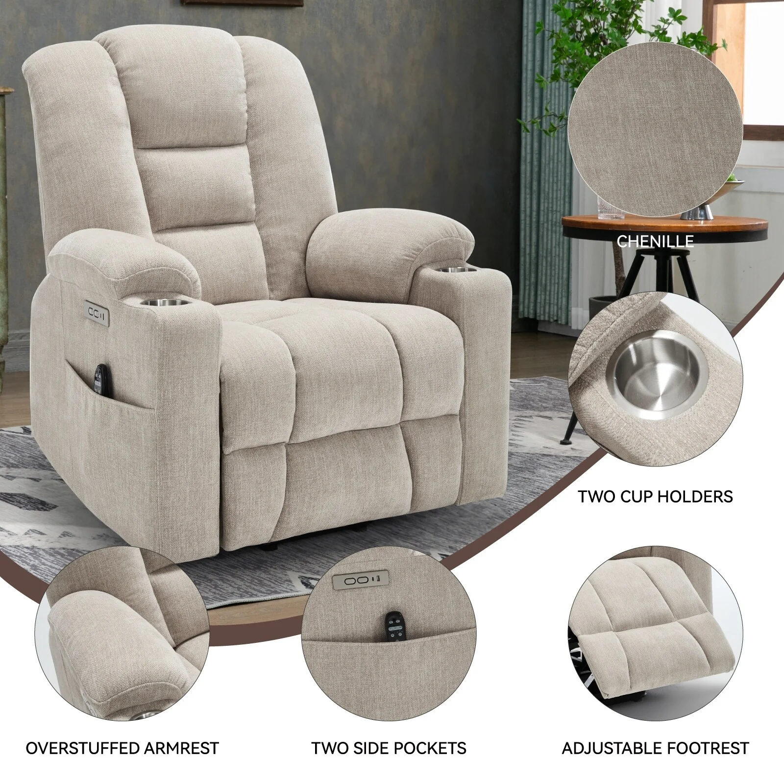 Power Lift Recliner Chair with Dual USB, Cup Holders & Chenille Fabric