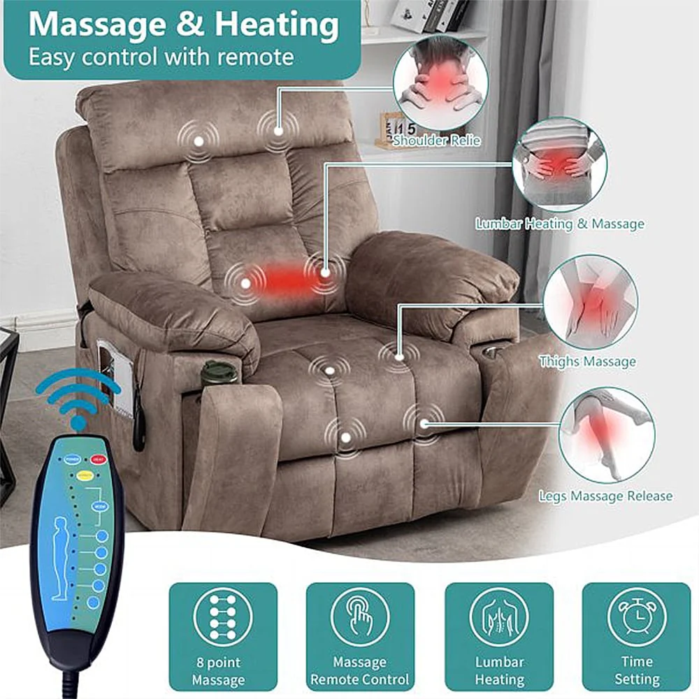 Large Electric Massage Lift Recliner with Heat, Hidden Cup Holder