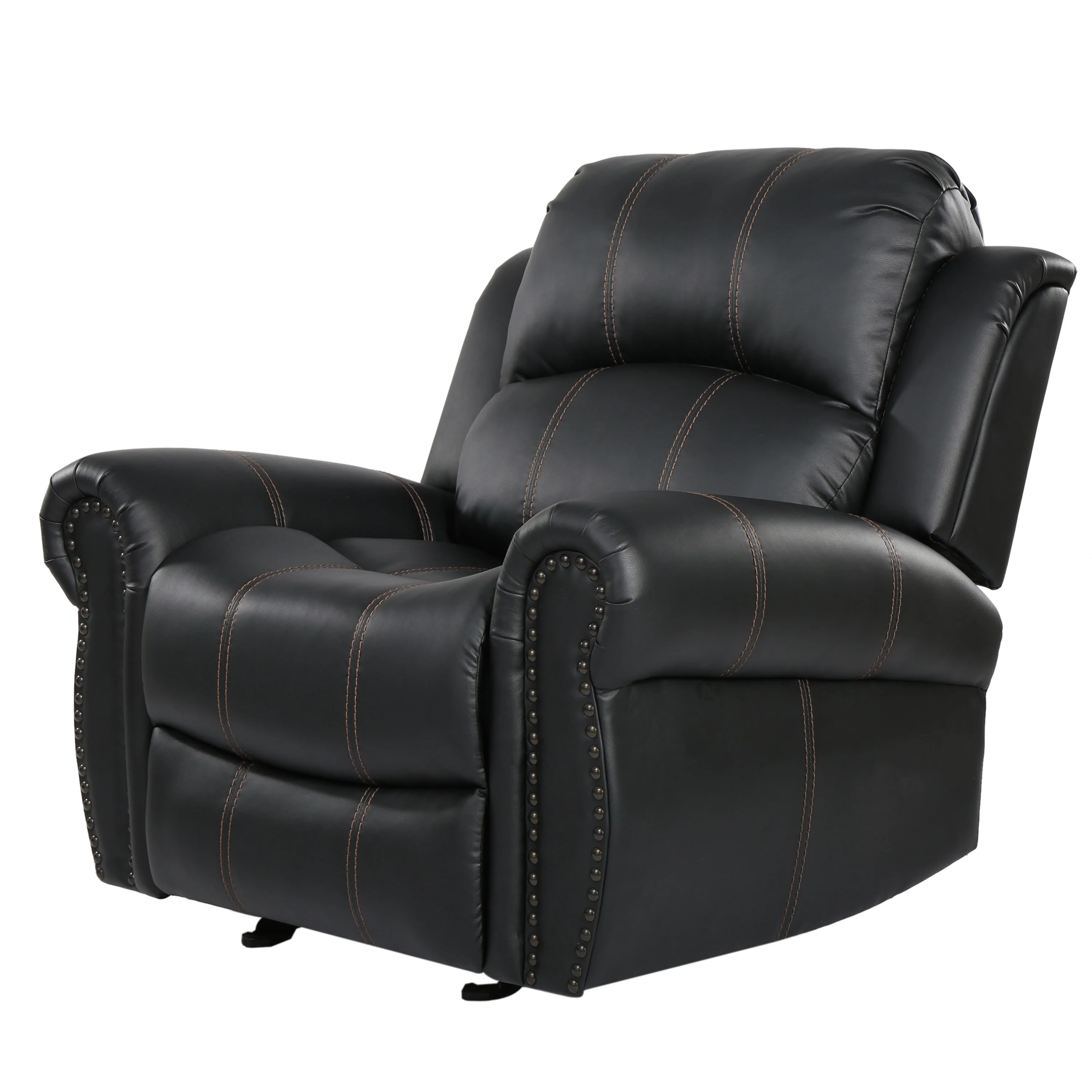 Manual Glider Recliner Chair with Faux Leather Upholstery - Rolled Arms, Nailhead Trim, Pushback Recline