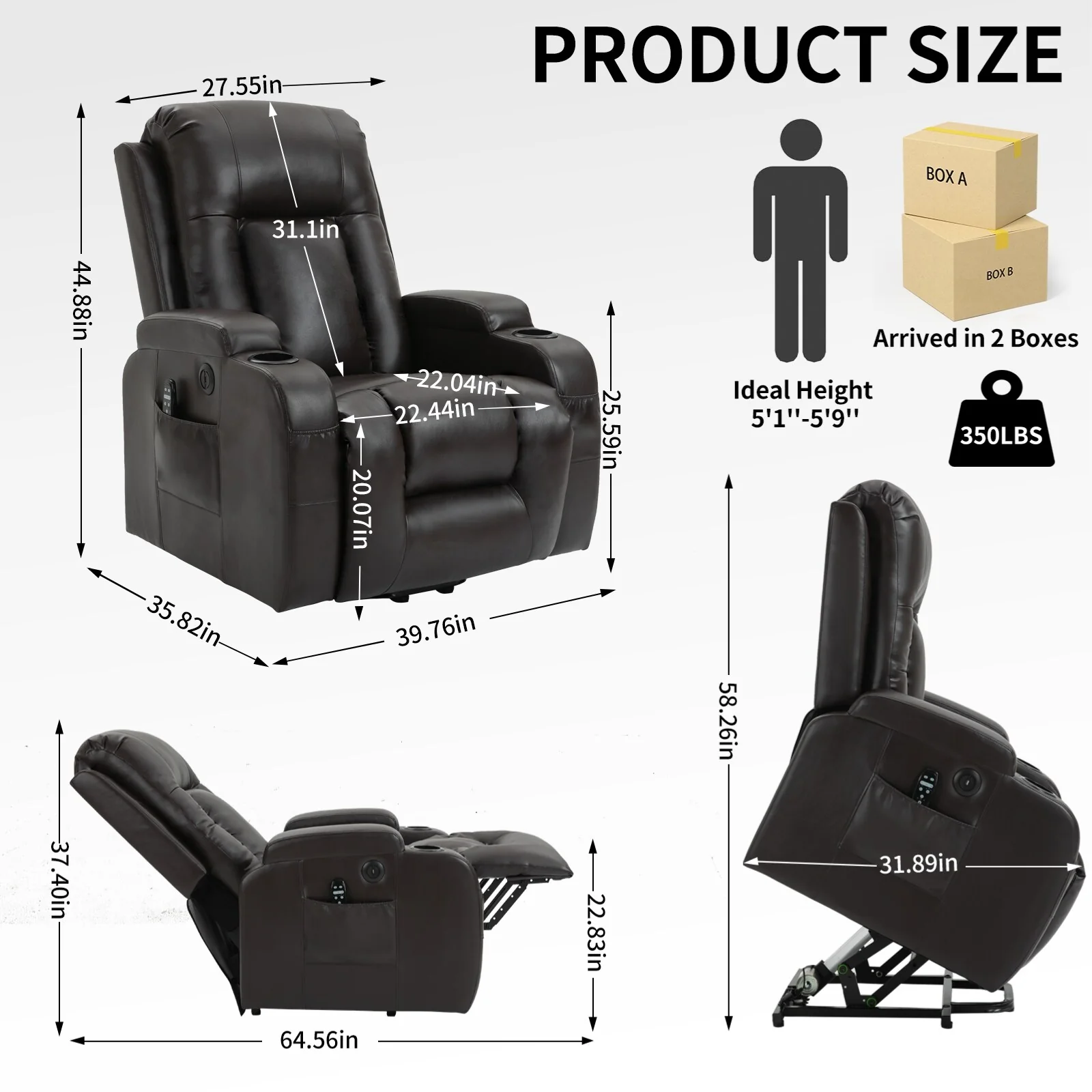Black Power Lift Recliner with Massage, Lumbar Heat, USB, and Cup Holders