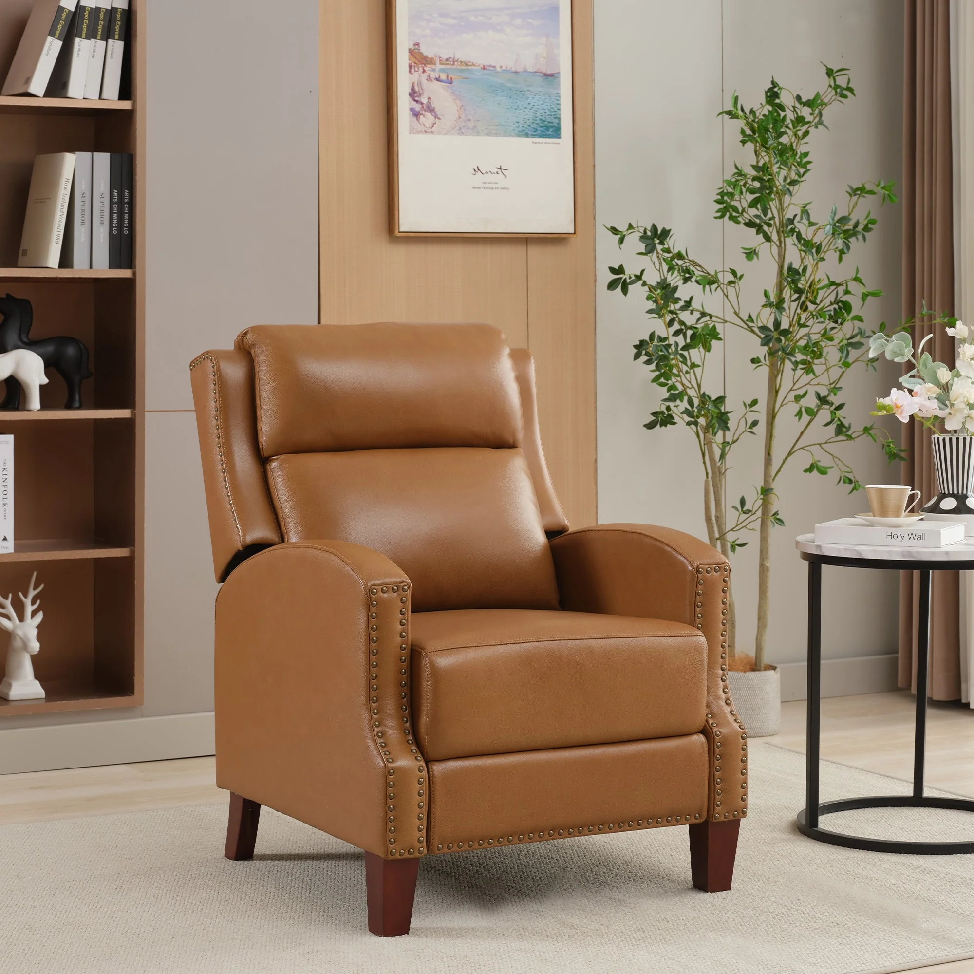 Genuine Leather Pushback Recliner with Multi-Angle Seat Back and Solid Wood Legs