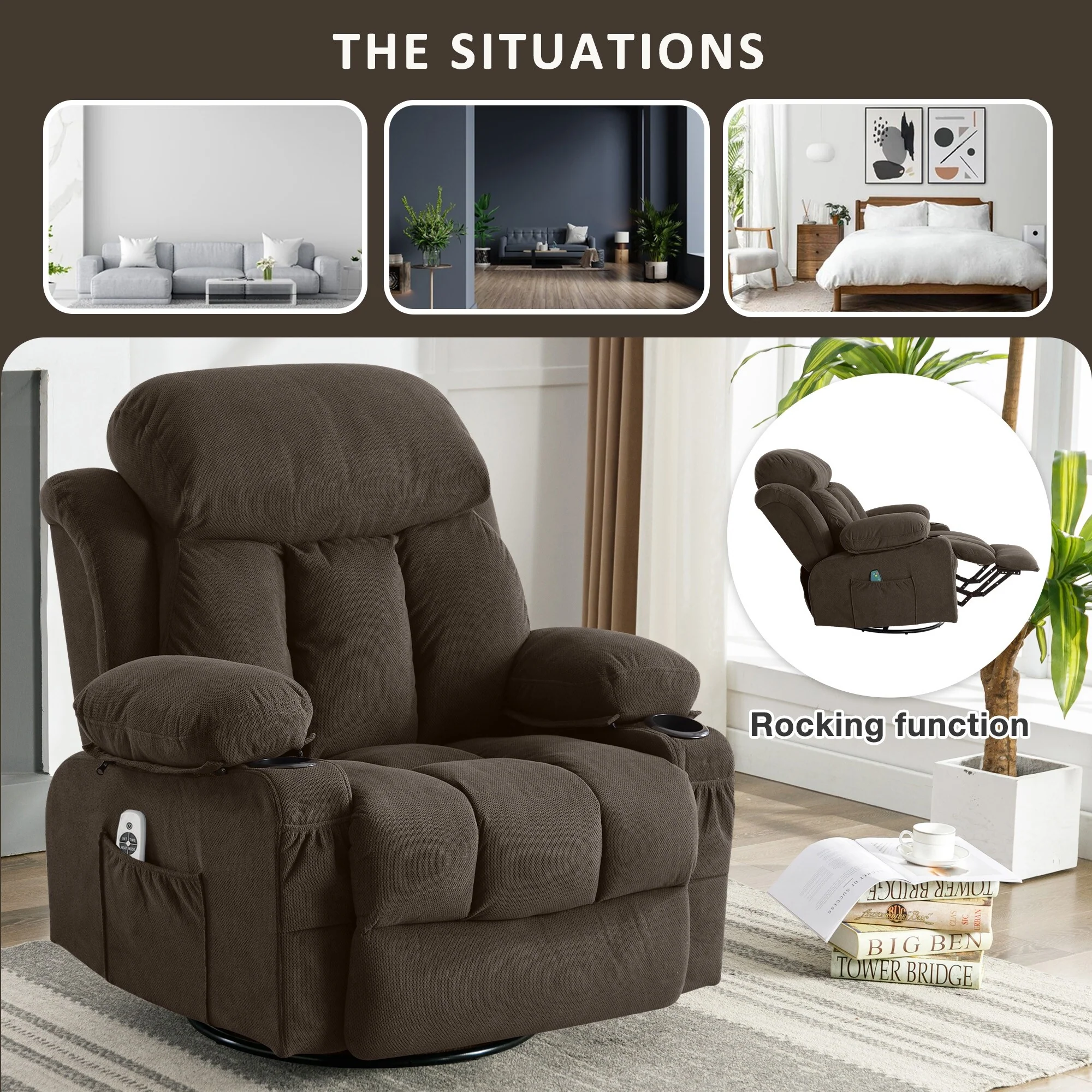 Velvet Massage Heated Sofa with USB and 2 cup Holders, 360�� Swivel Chair with Side Pockets and Bread Shaped Armrest