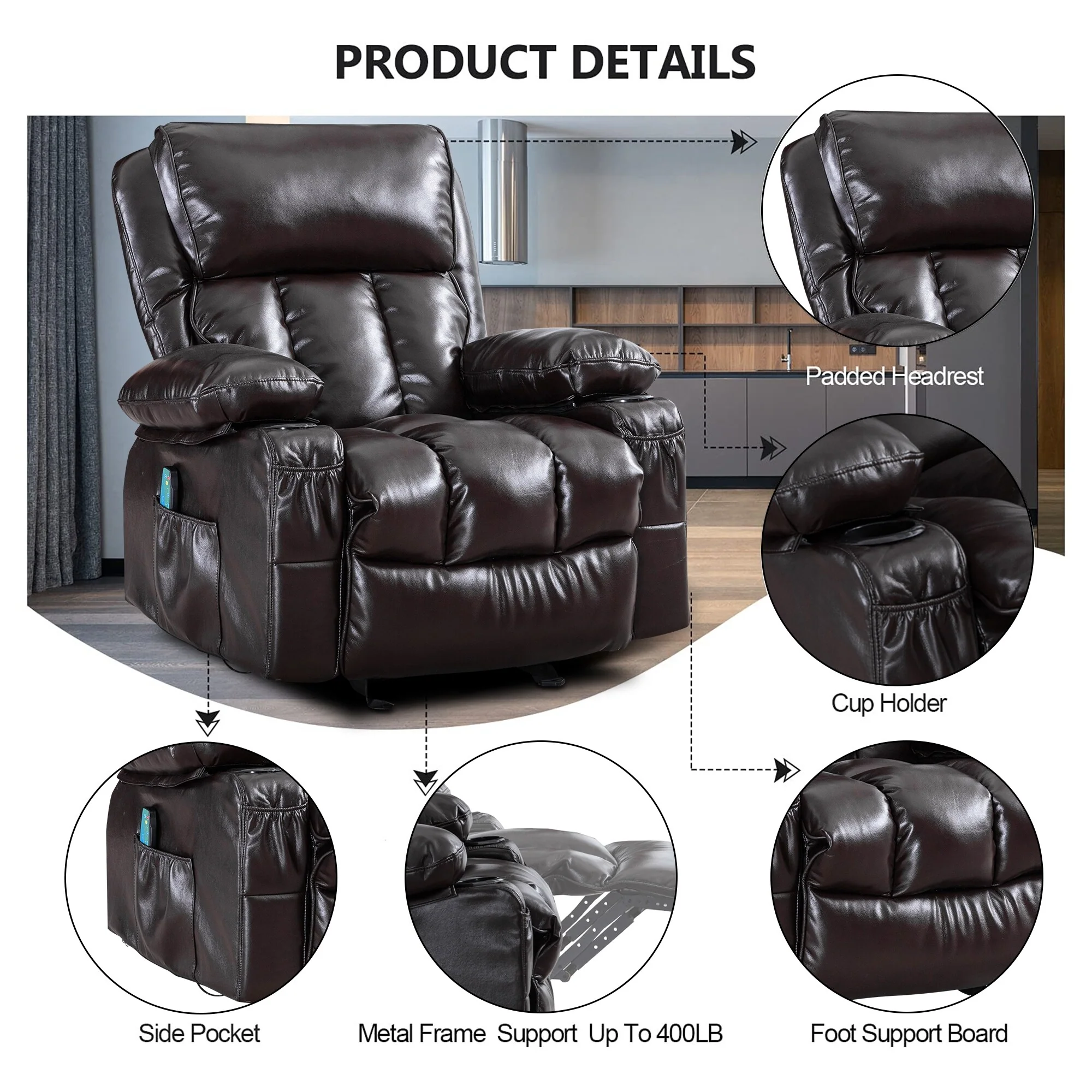 Faux leather Massage Recliner Chair, Rocker Recliner, Heat Function