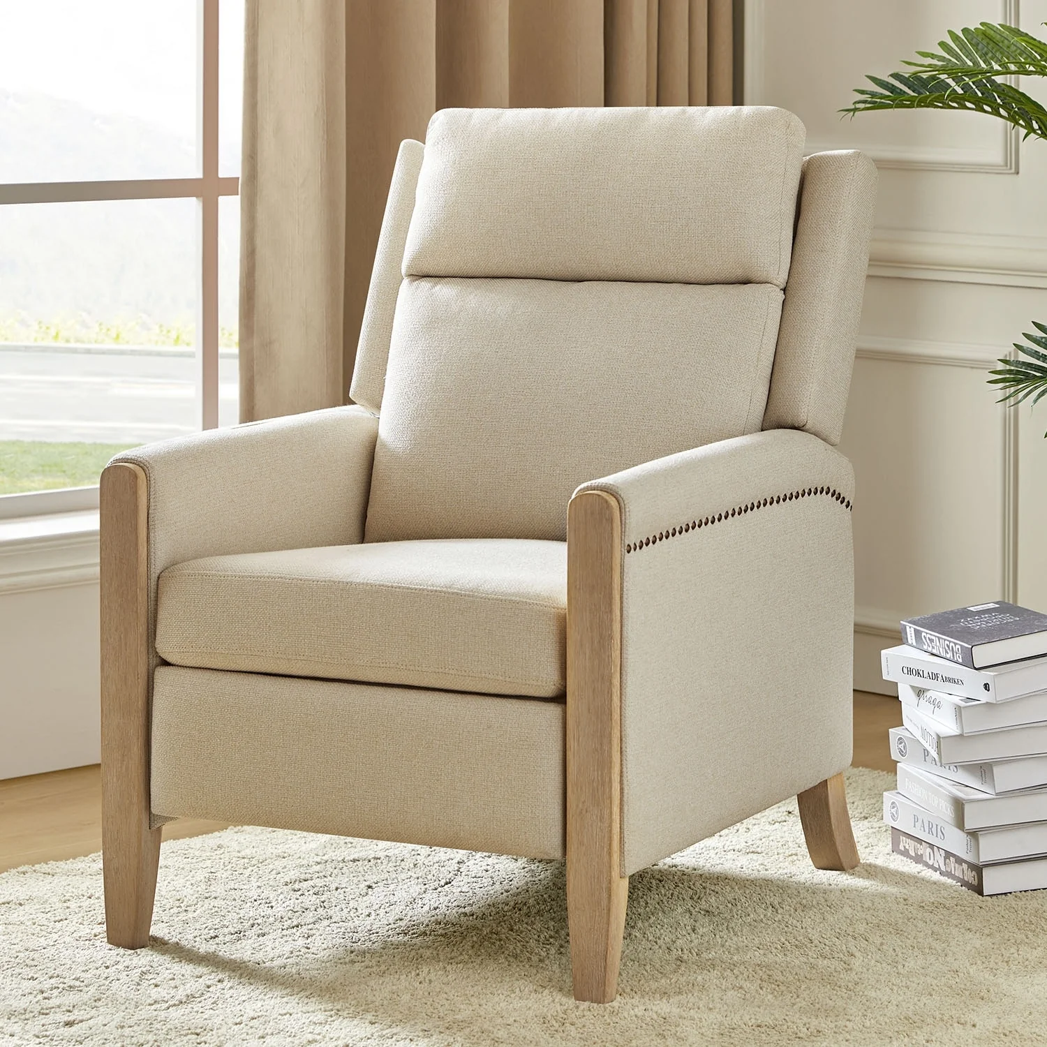 Suares Transitional Nailhead Manual Recliner with Solid Wood Legs by HULALA HOME