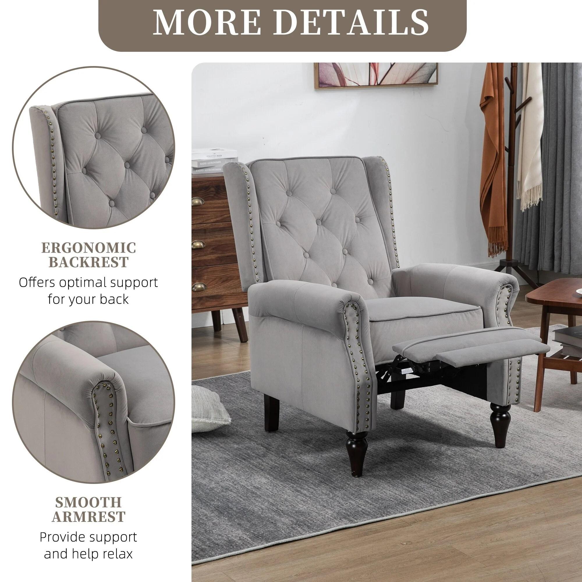 Velvet Upholstered Nailhead Tufted Recliner Chair with Black Legs