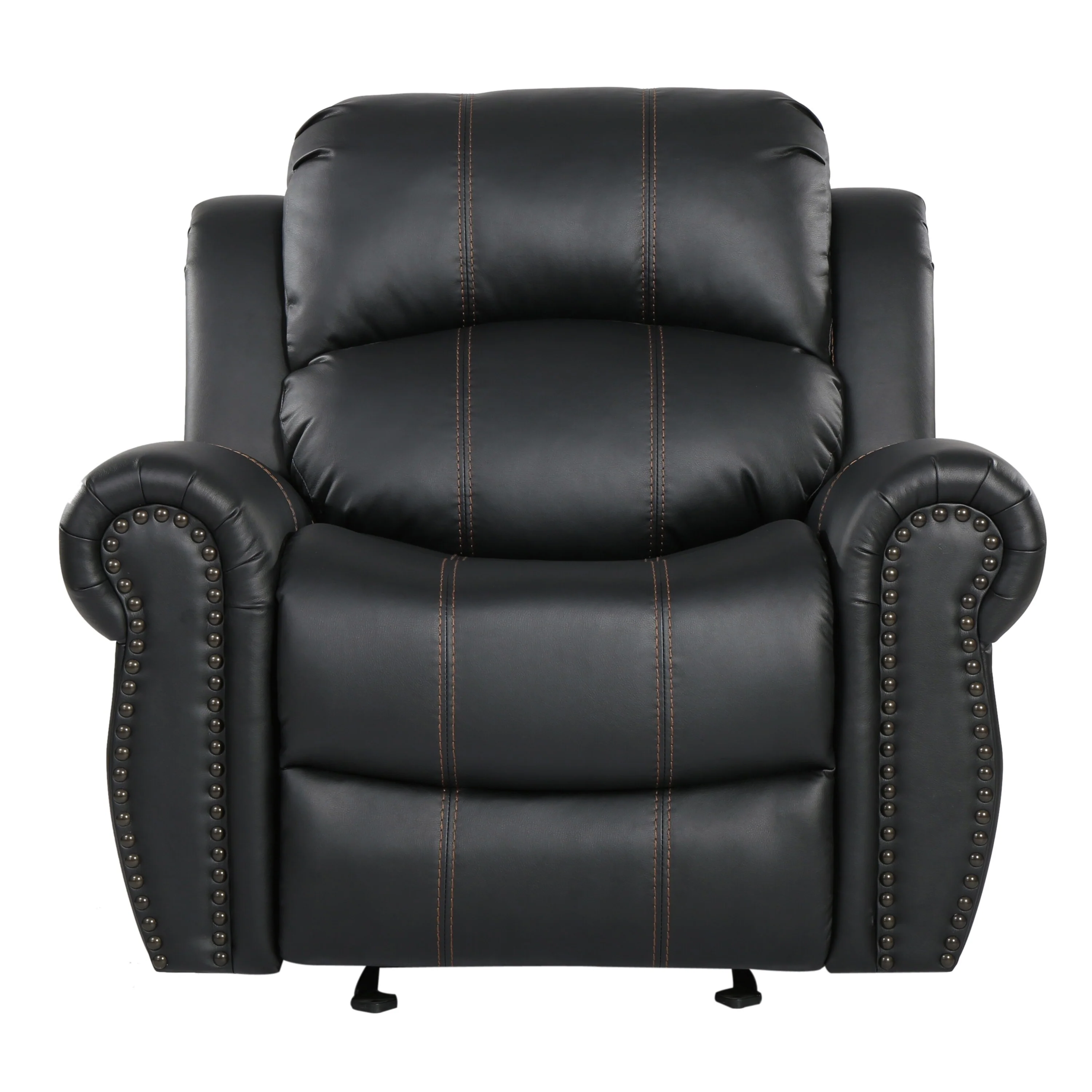 Manual Glider Recliner Chair with Faux Leather Upholstery - Rolled Arms, Nailhead Trim, Pushback Recline