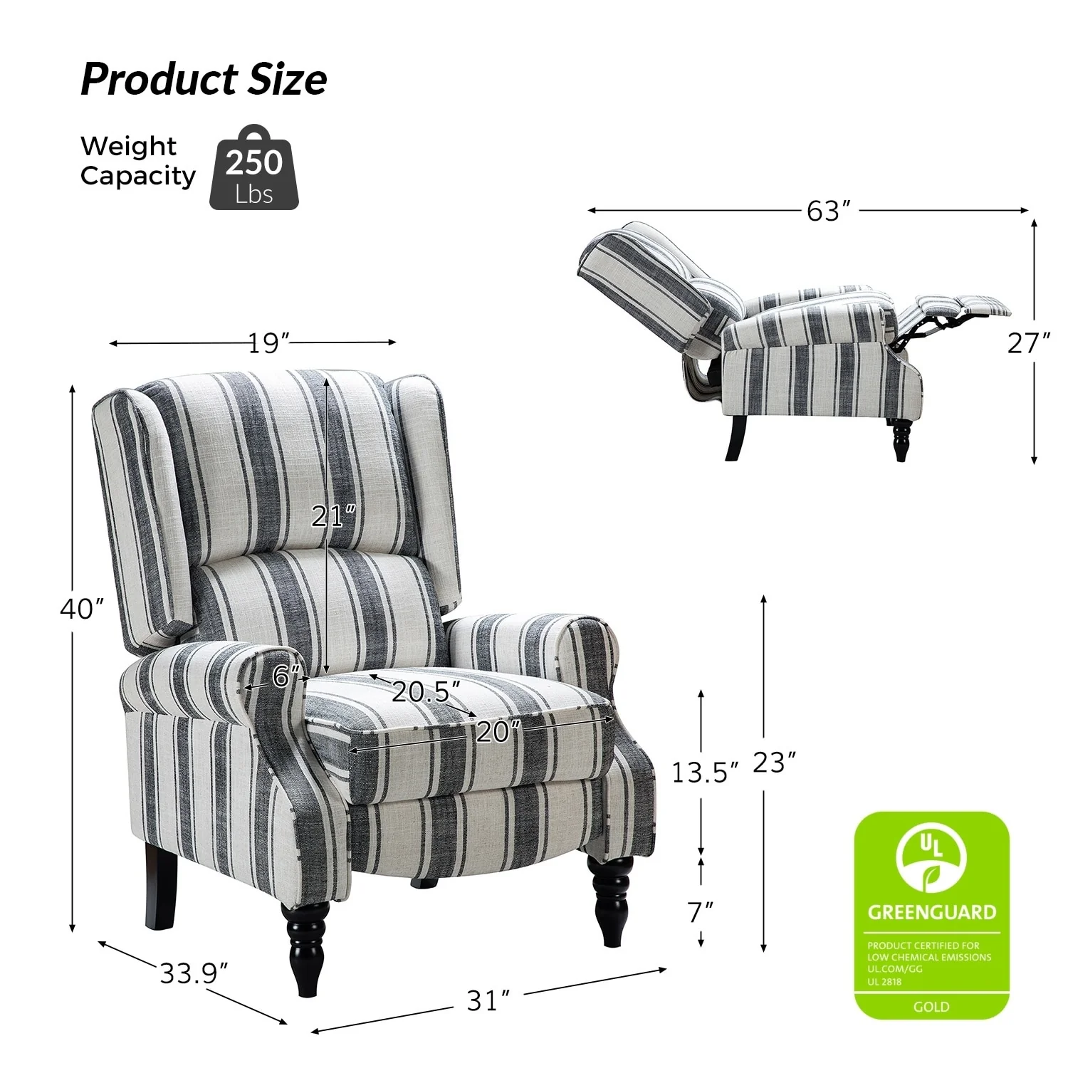 Olympus Upholstered Classic Manual Wingback Recliner with Solid Wood Legs by HULALA HOME