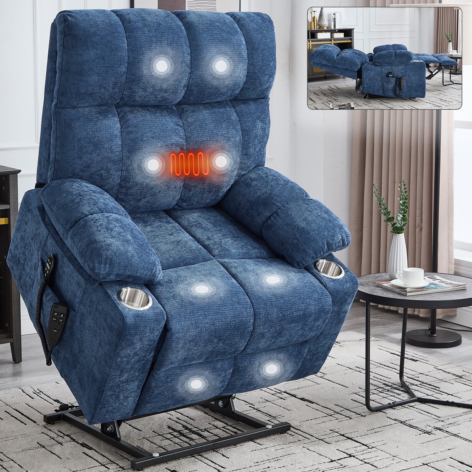 Lift Recliner Chair, Heavy Duty Motion Mechanism with 8-Point Vibration Massage and Lumbar Heating, Dual Cup Holders