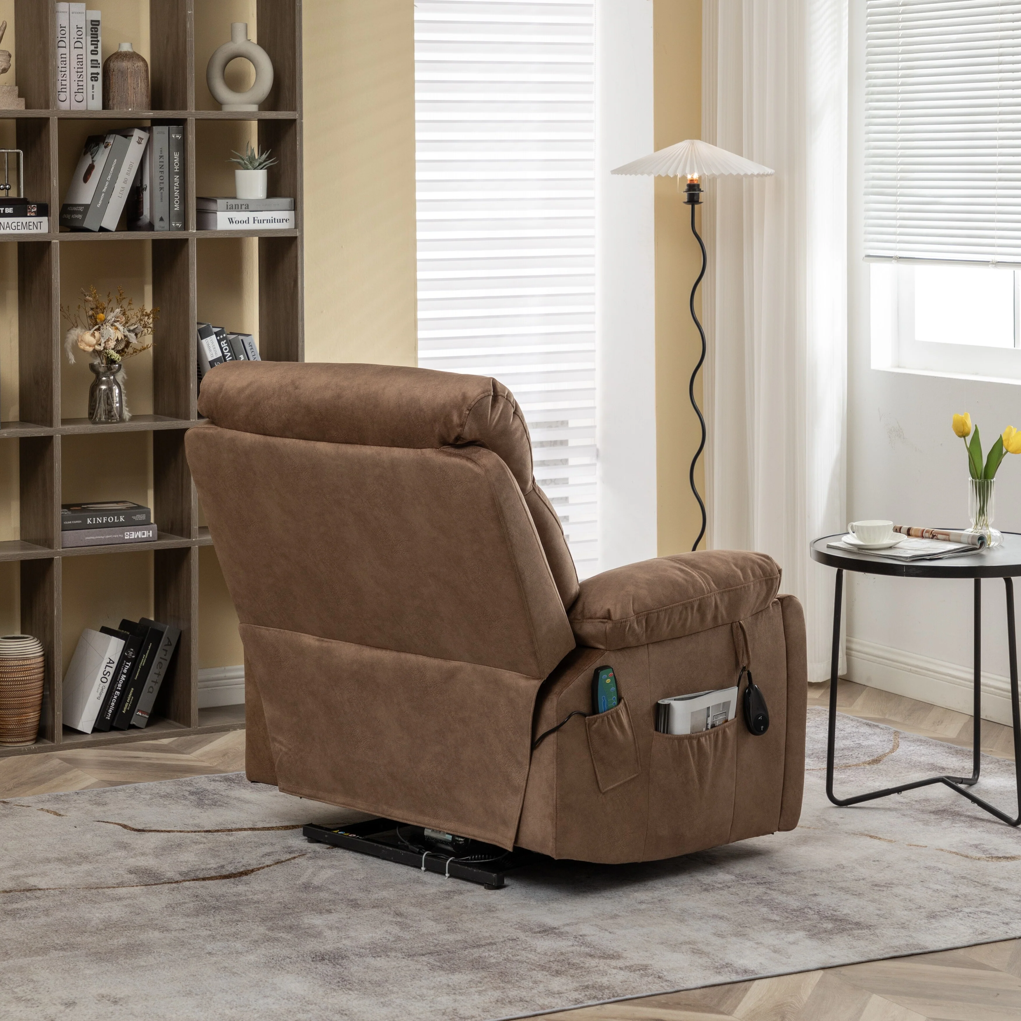 Brown Velvet Lift Recliner, Massage, Hidden Cup Holder, Pockets