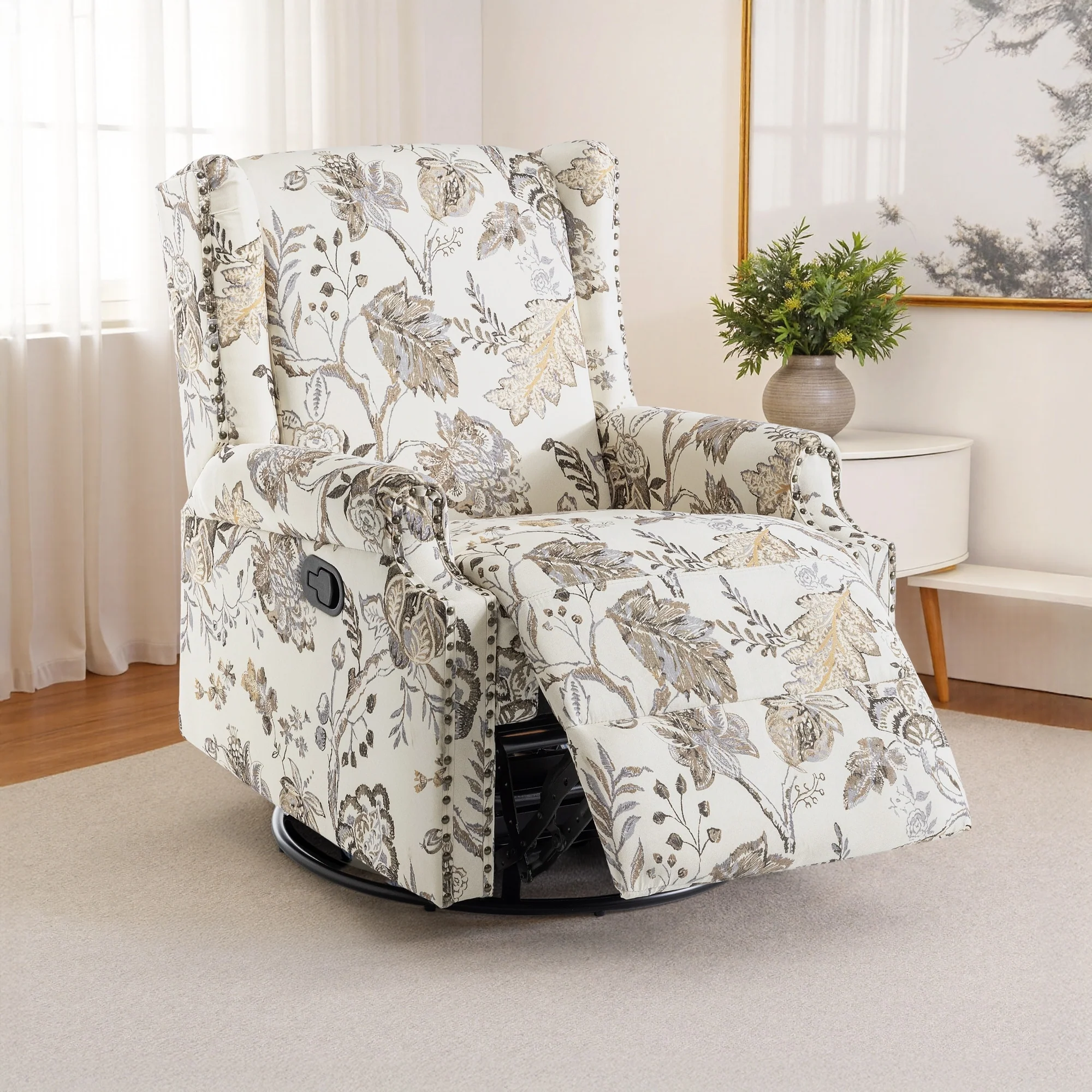 29'' W Pattern Floral Swivel Manual Push Back Recliner Glider Chair