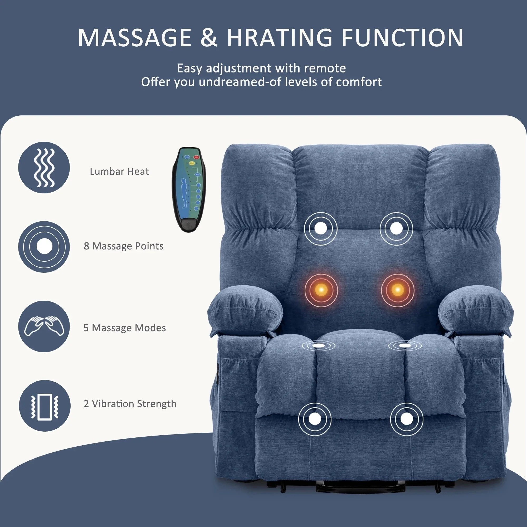Blue Power Lift Recliner Chair with Heat, Massage, USB, and Remote Control