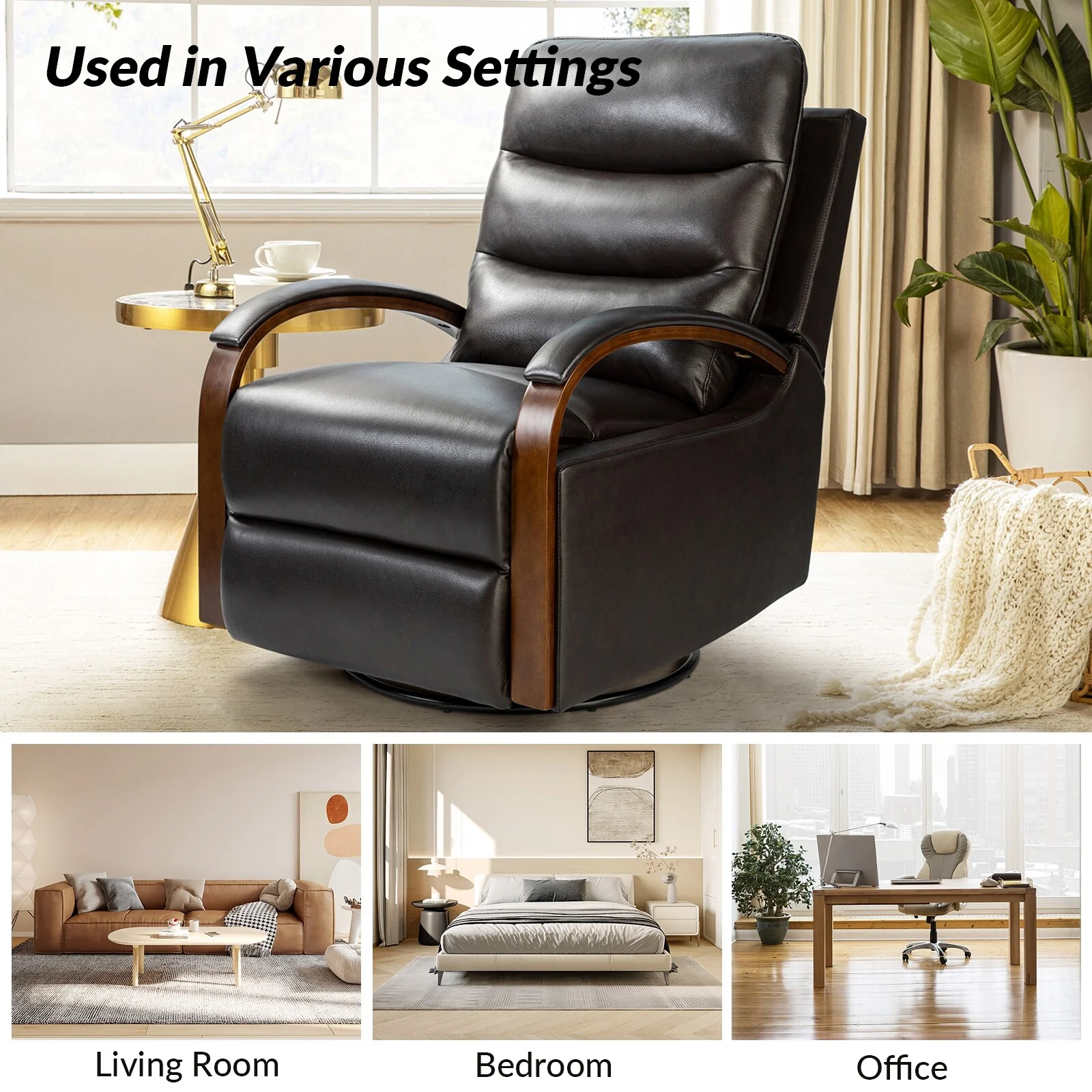 Leopold Genuine Leather Swivel Rocking Manual Recliner Chair with Wooden Arm Accents Set of 2 by HULALA HOME