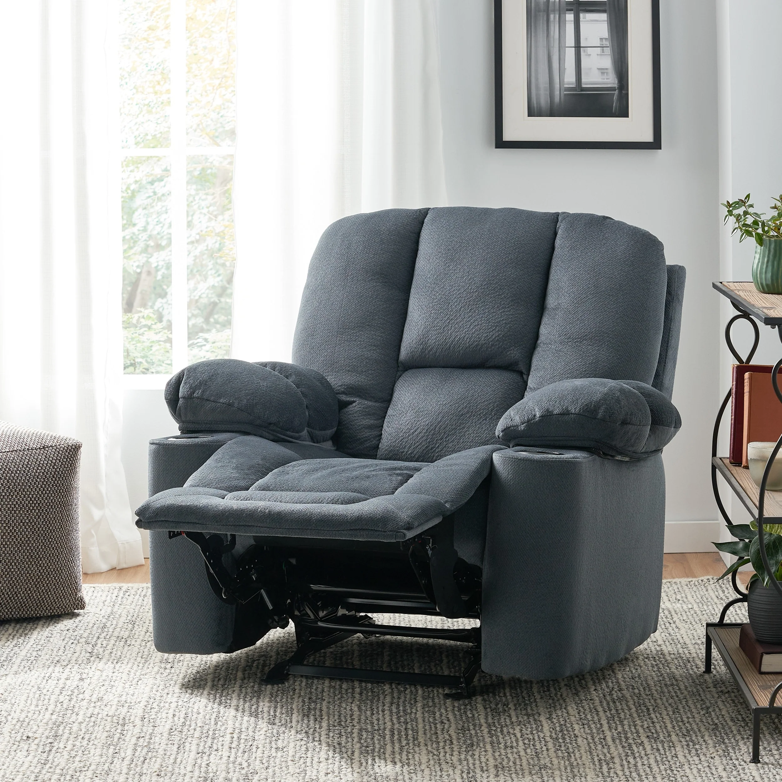 Stylish Manual Recliner with Soft Fabric Upholstery, Plush Padding, and Dual Cup Holders