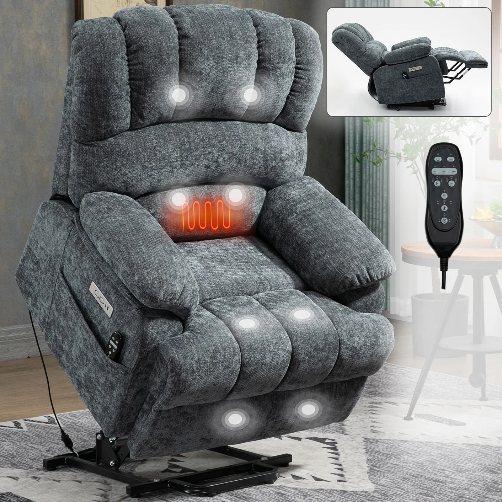 23 Seat Width and High Back Large Size Chenille Power Lift Recliner Chair with 8-Point Vibration Massage and Lumbar Heating