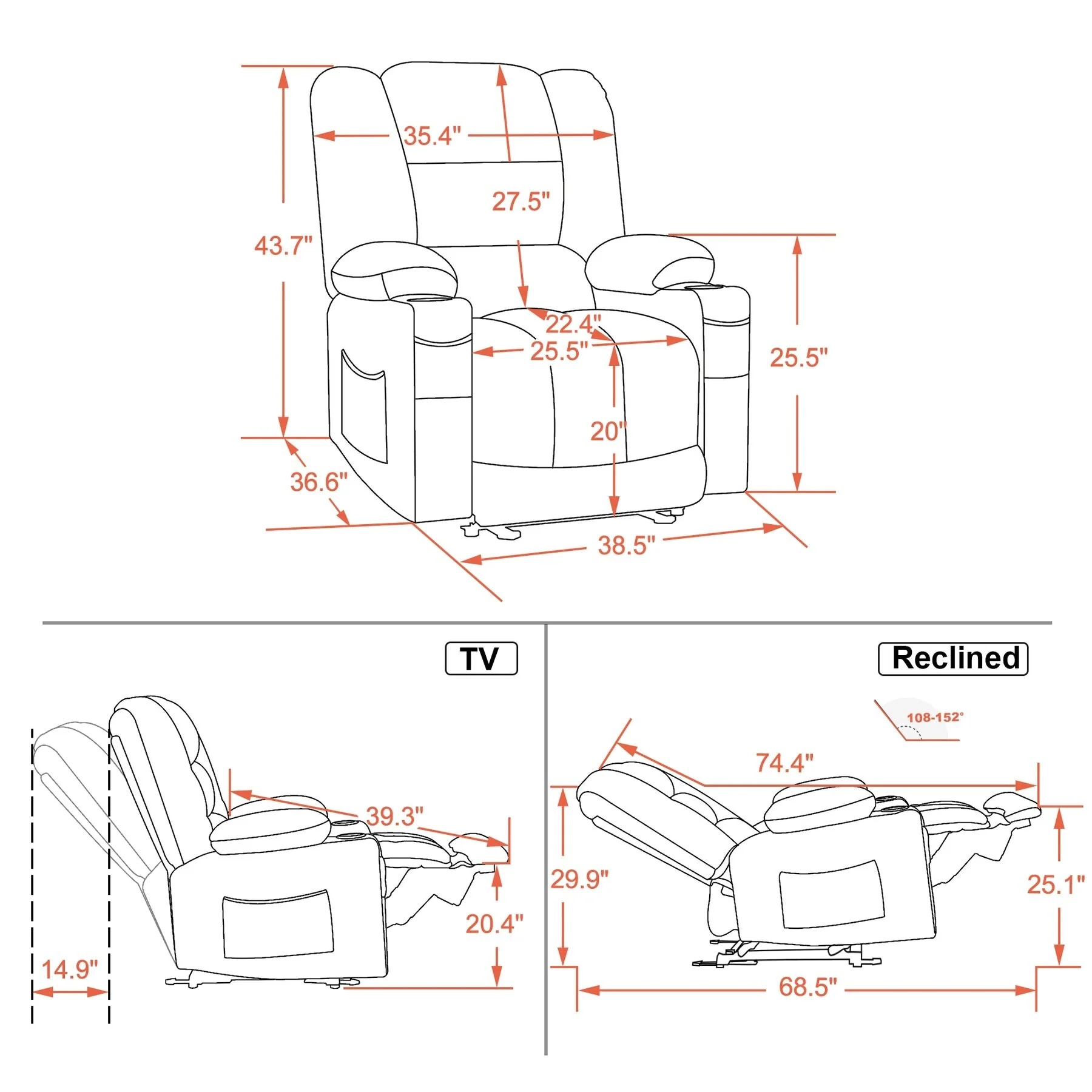 MCombo Electric Power Recliner Chair with Heat and Massage, Fabric 6079/PR670