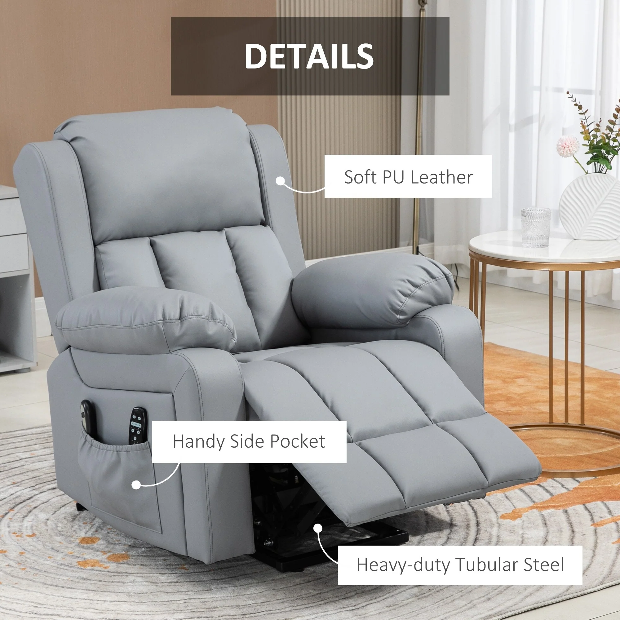Grey PU Leather Electric Lift Recliner with Vibration Massage, Heating, Remote Control, and Convenient Side Pockets