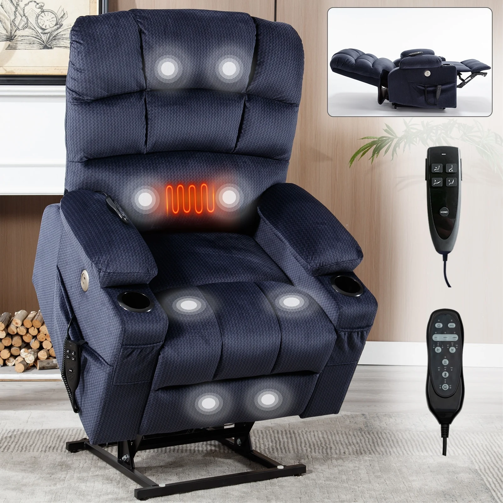 Chenille Power Lift Recliner with Massage, Heating & Cup Holders