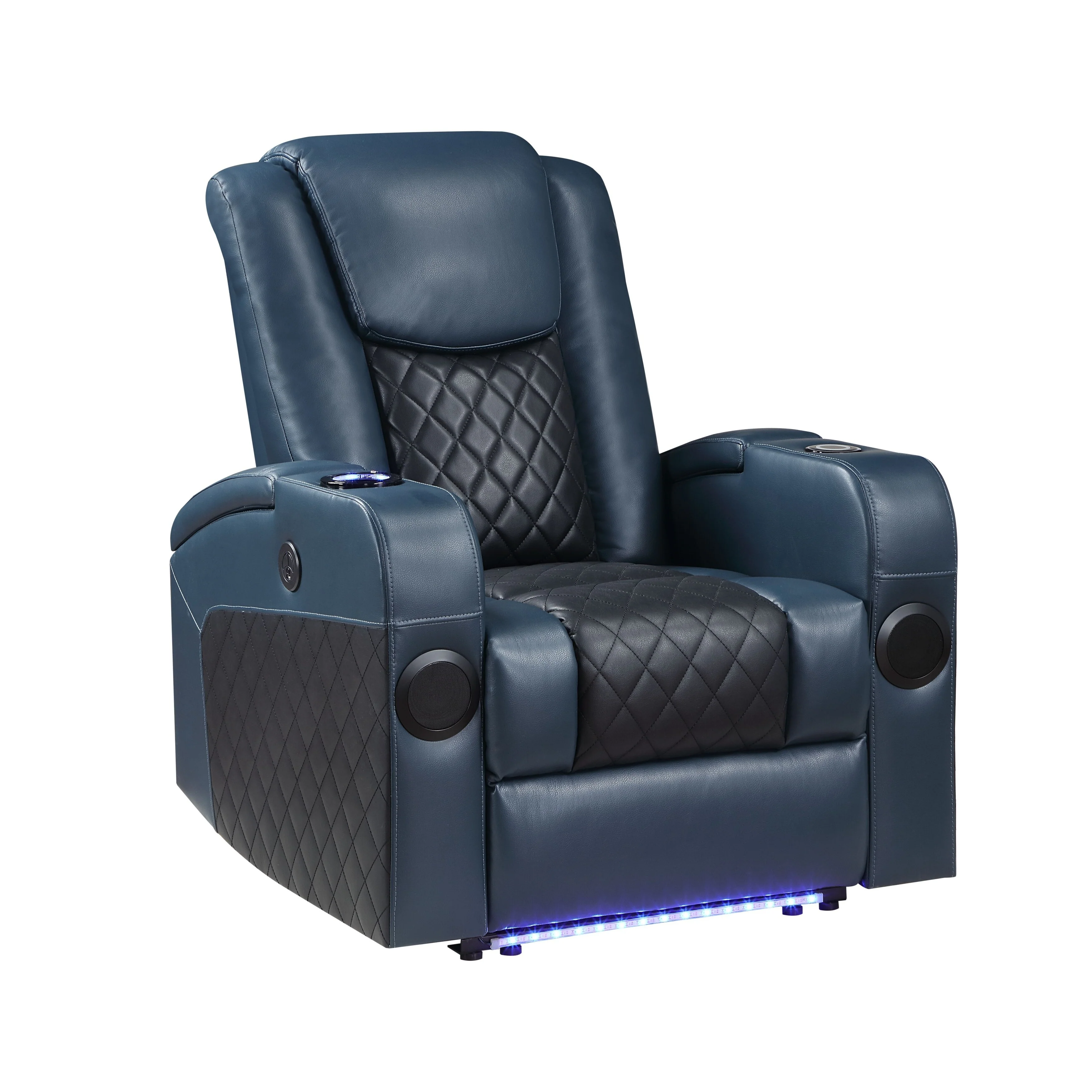 Alair Blue & Black Leather Aire Power Motion Recliner W/Bluetooth, Wireless Charger & Cupholder