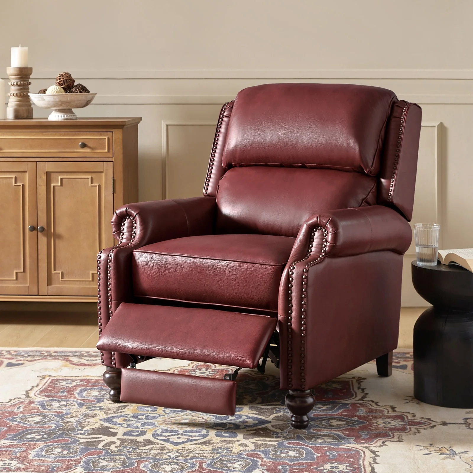 Gabriela Mid-Century Modern Genuine Leather Recliner with Tapered Block Feet by HULALA HOME