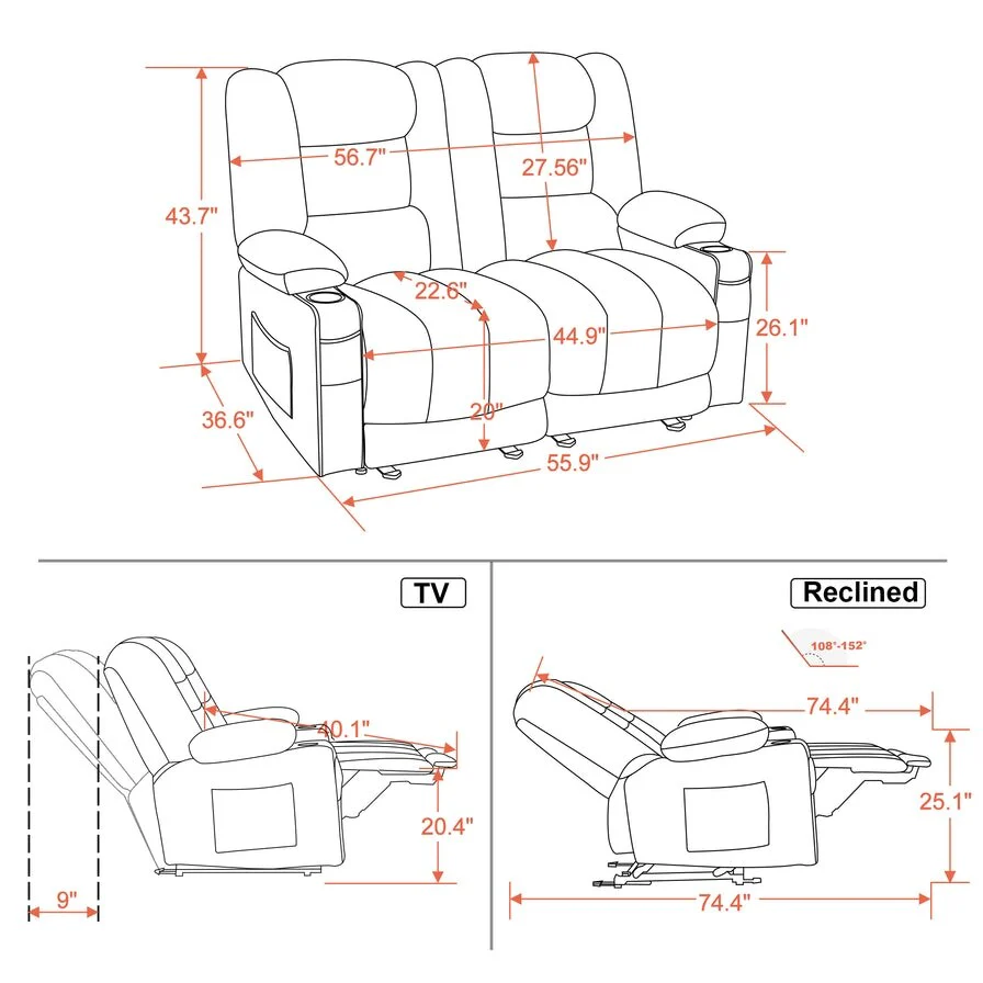 MCombo Power Reclining Loveseat Sofa with Heat and Massage, Fabric PR648