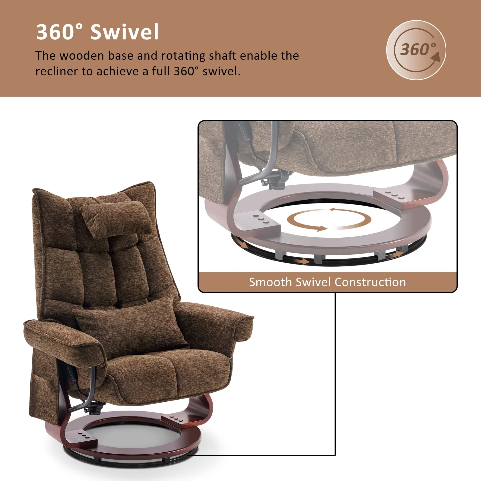 MCombo Swivel Recliner with Ottoman and Neck Pillow, Chenille Fabric