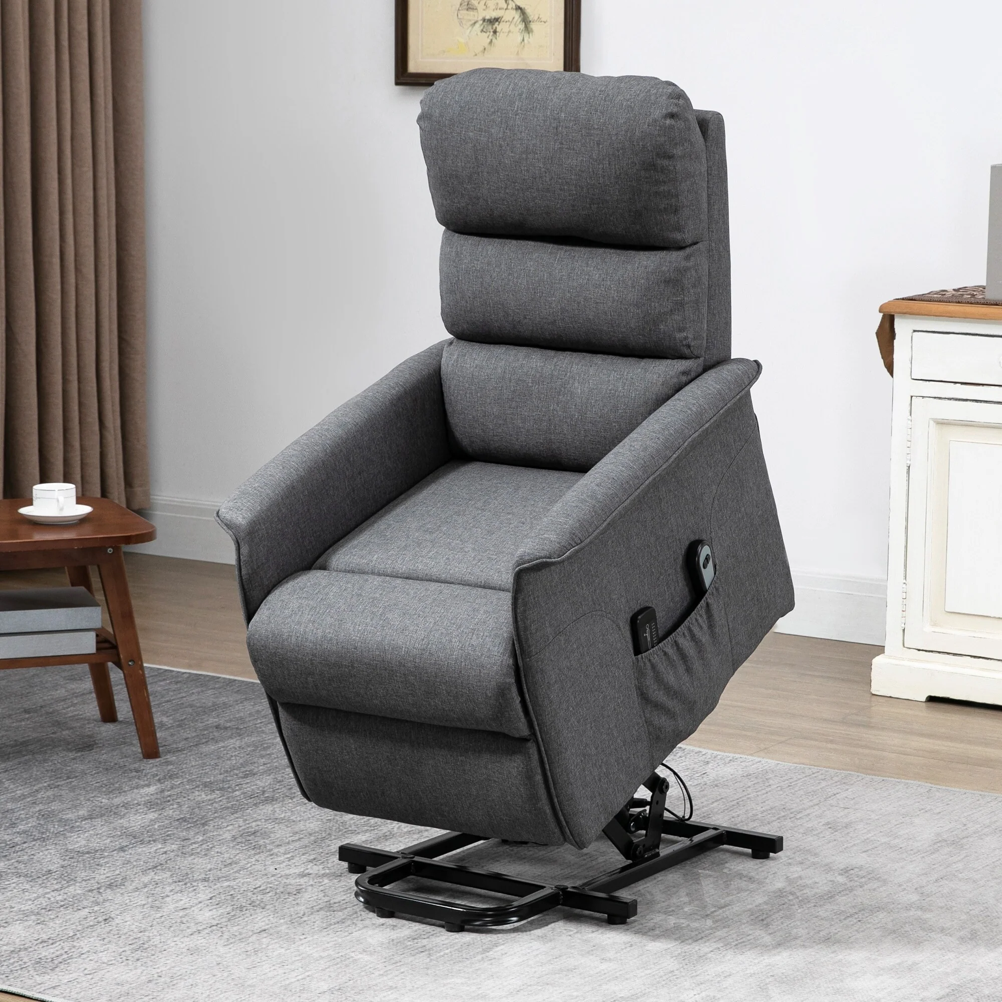 Grey Power Lift Recliner Chair with Vibration Massage, Remote Control, Side Pockets, Adjustable Recline, and Footrest