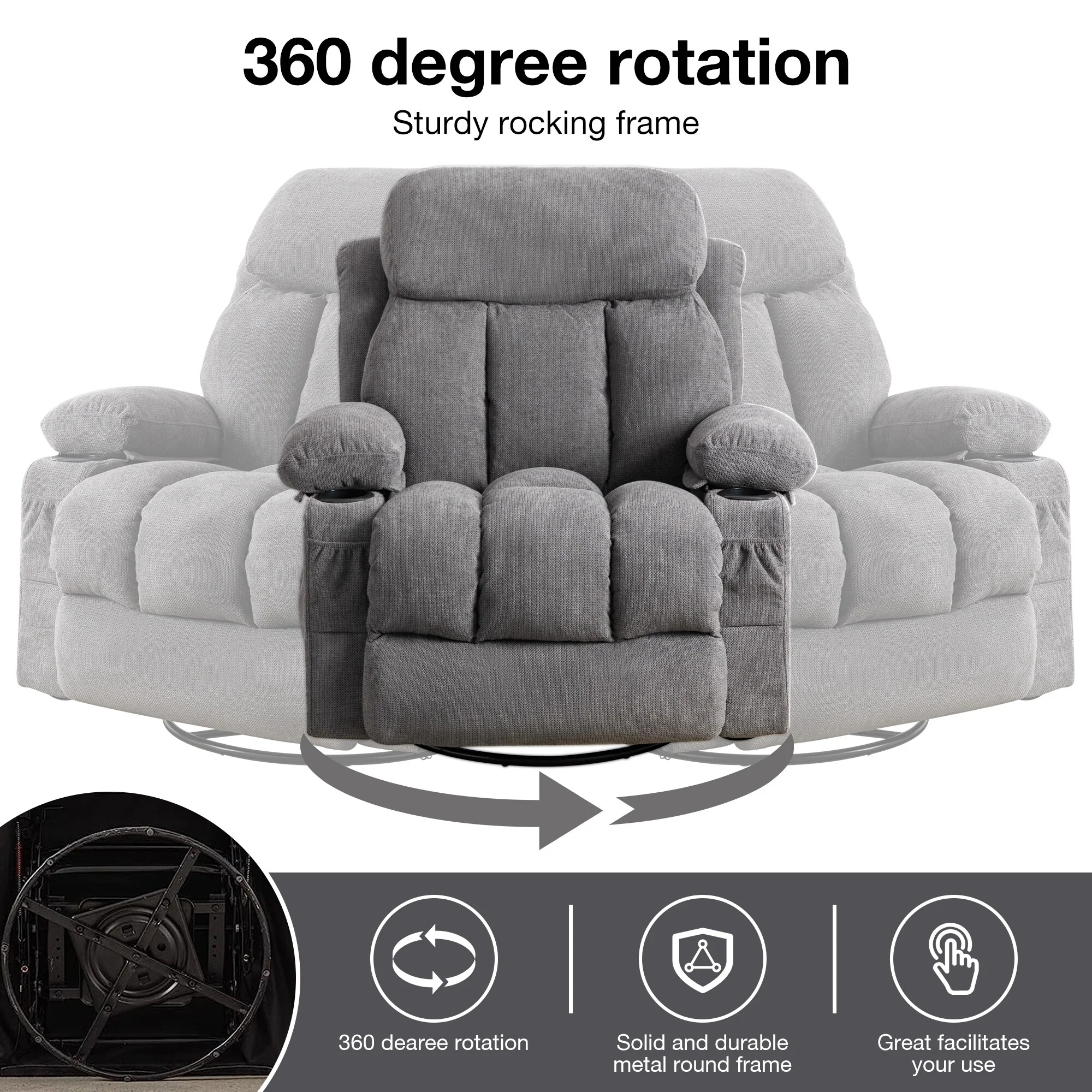 360�� Swivel Recliner Chair with Massage, Heat, USB, and Cup Holders