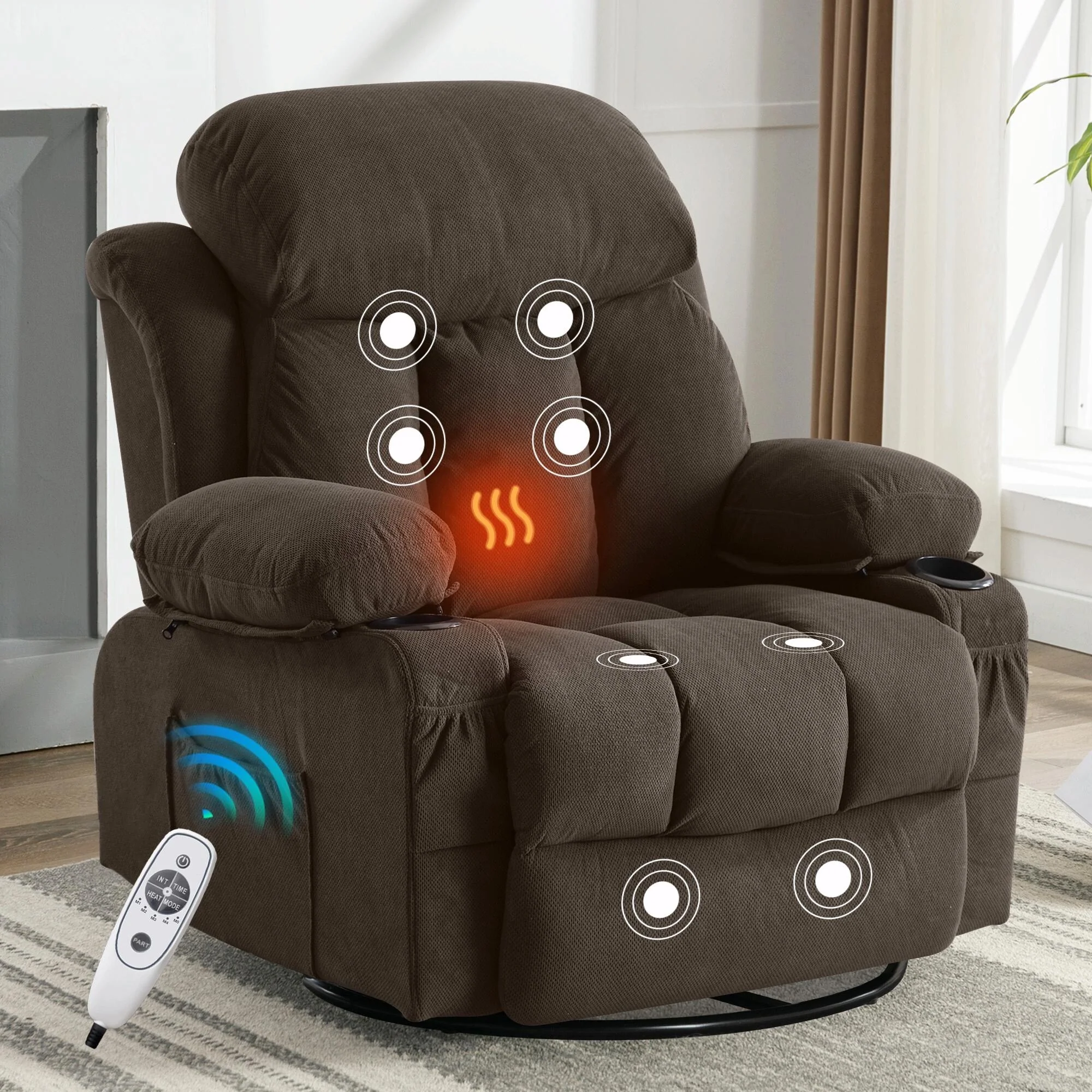 Swinging Recliner Massage Heated Sofa, with USB and 2 Cup Holders in Side Pockets