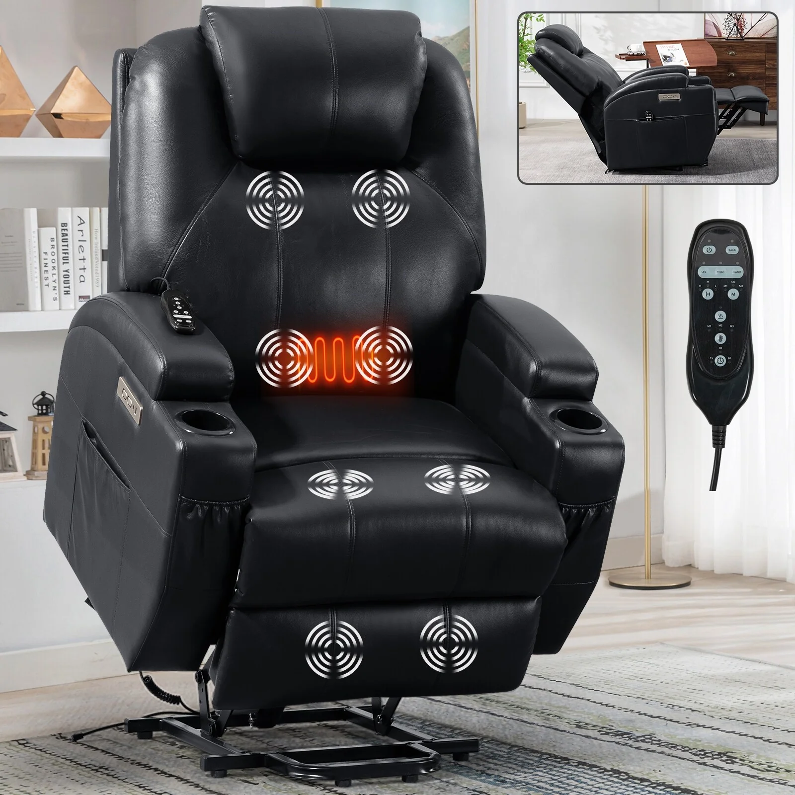 Black Okin Motor Lift Recliner with 8-Point Vibration Massage, Lumbar Heating, Dual Cup Holders, and USB Ports