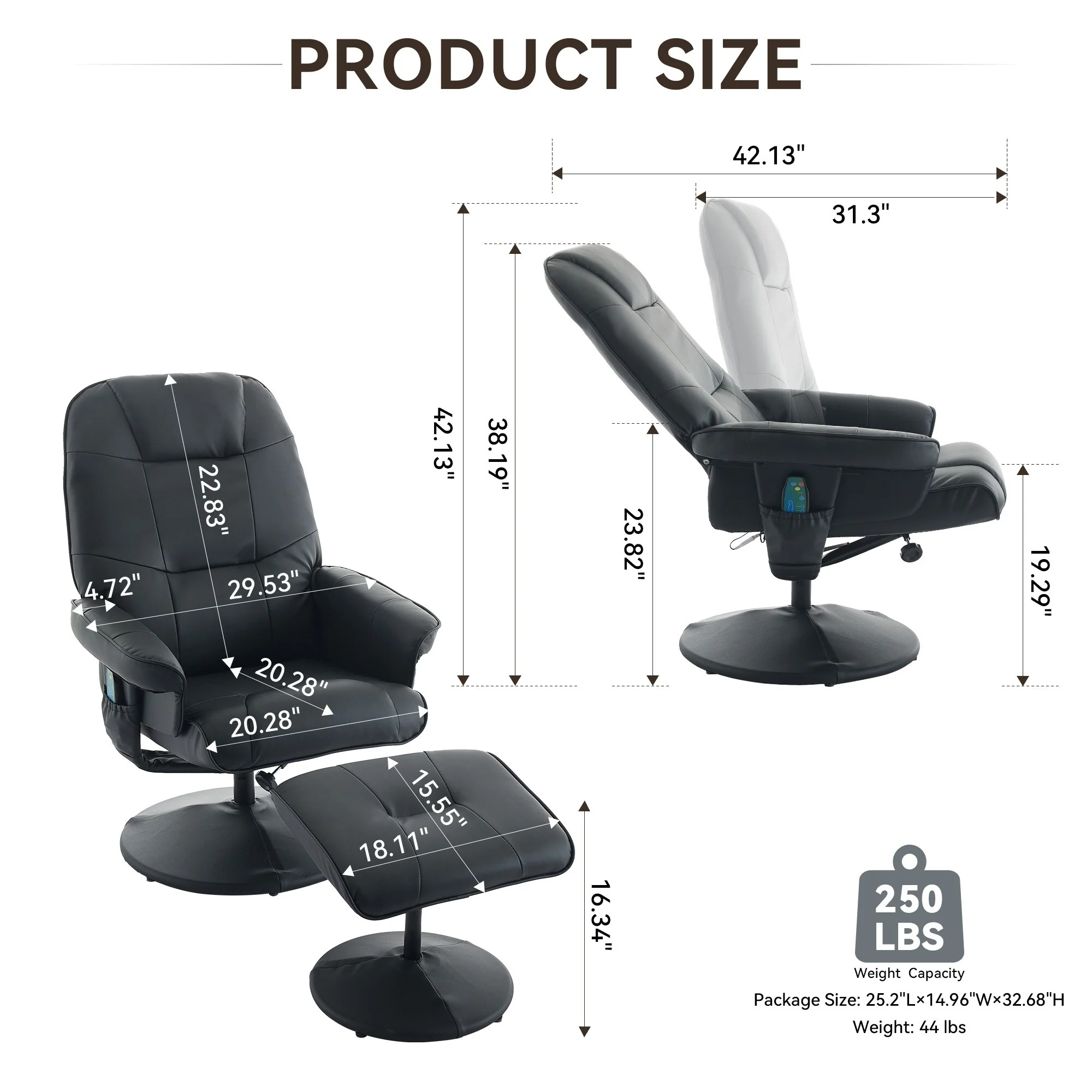 Massage Recliner Chair with Ottoman, 360�� Swivel Reclining Chair with Wrapped Base, Seat Heating and Adjustable Backrest