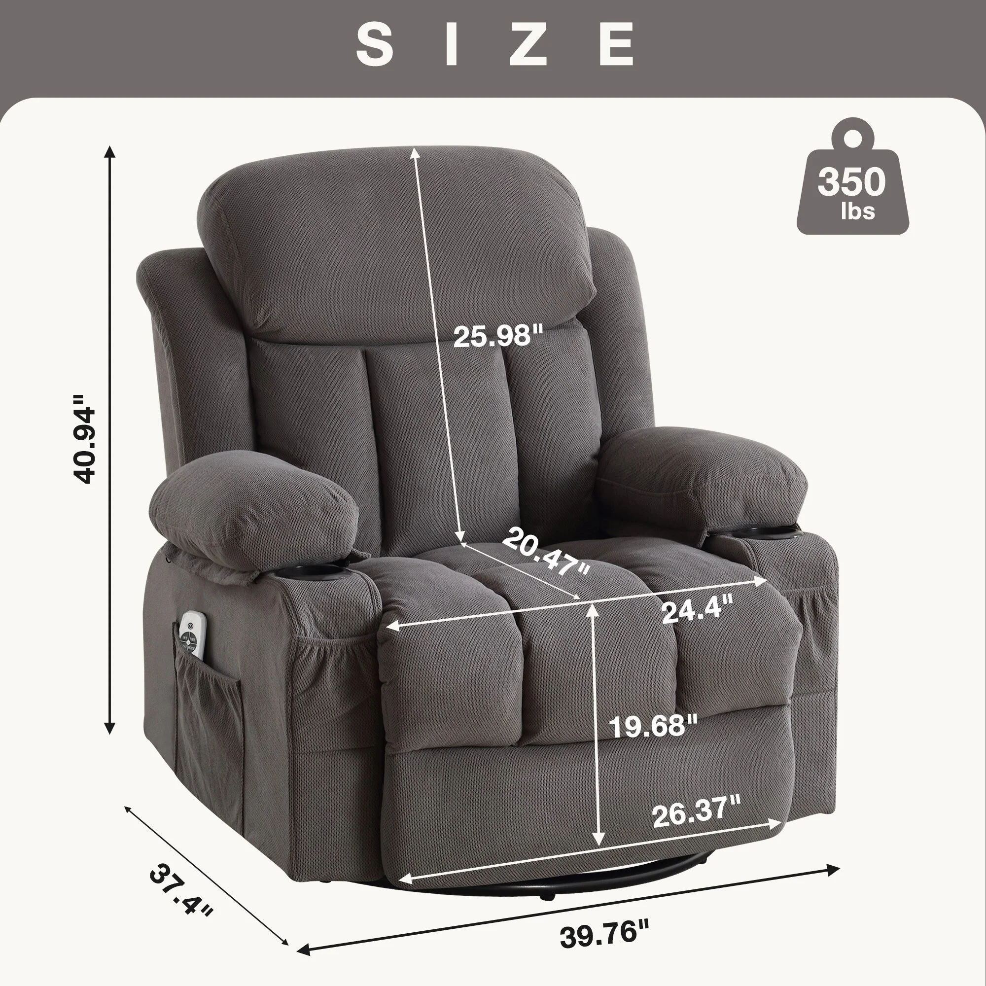 Swinging recliner massage heated sofa with USB and 2 cup holders in side pockets