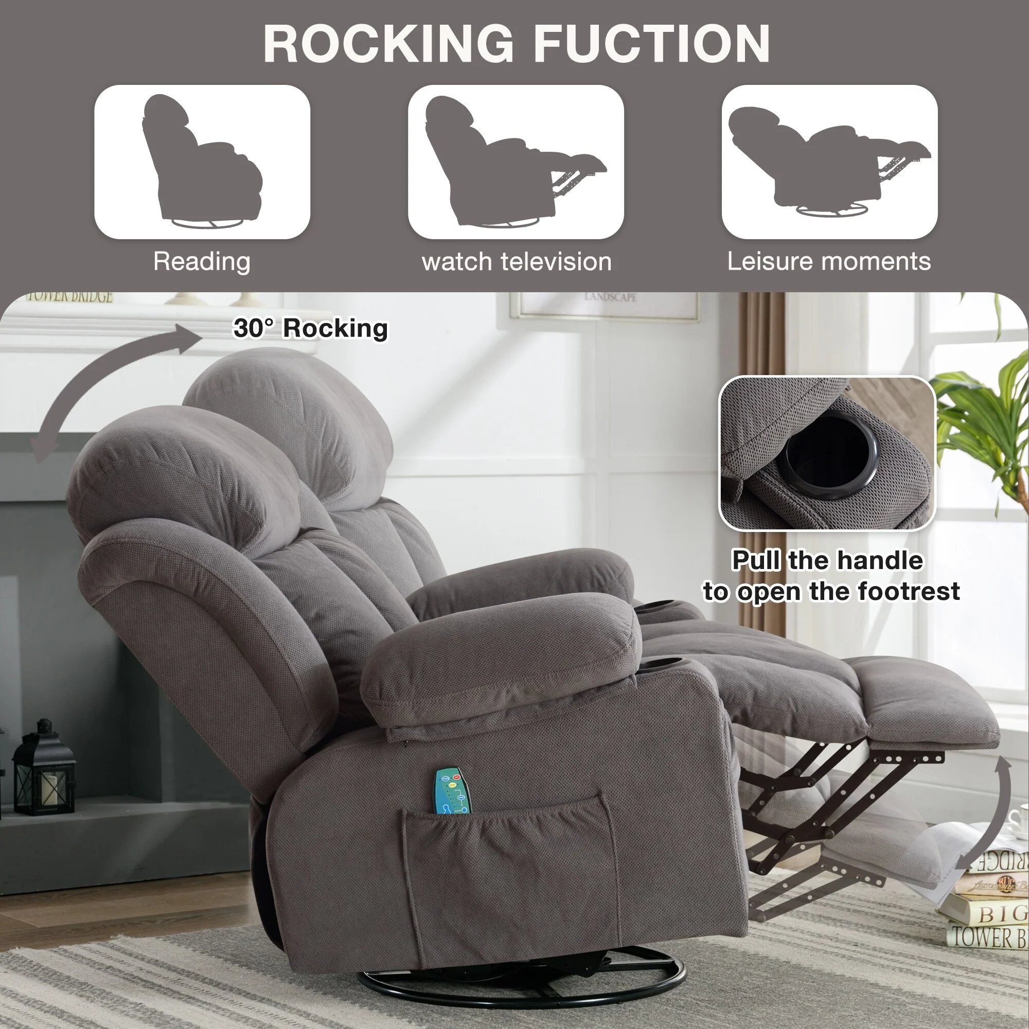 Dotted Velvet Massage Heated Manual Recliner Chair w/360�� Swivel Base