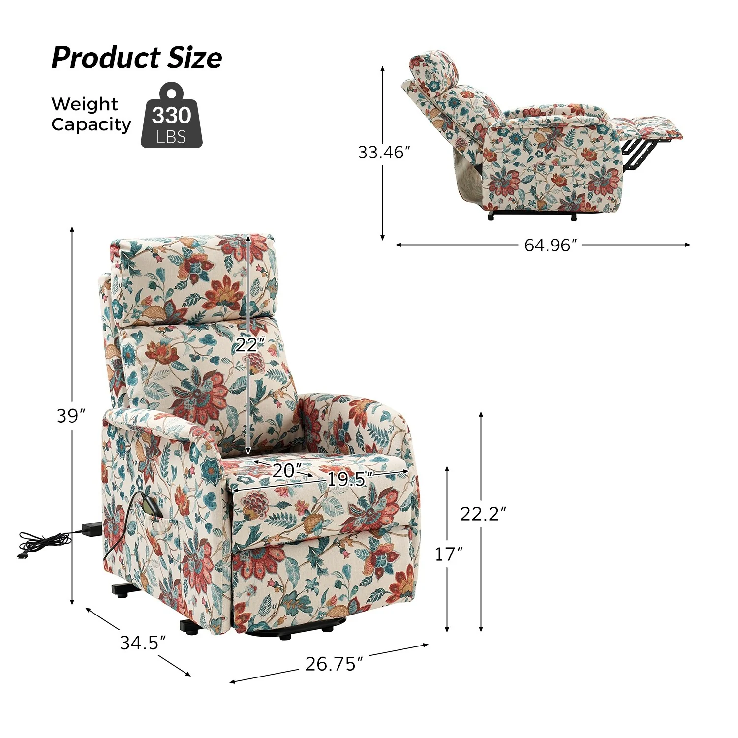 Elisa Power Remote Lift Assist Recliner with Metal Base