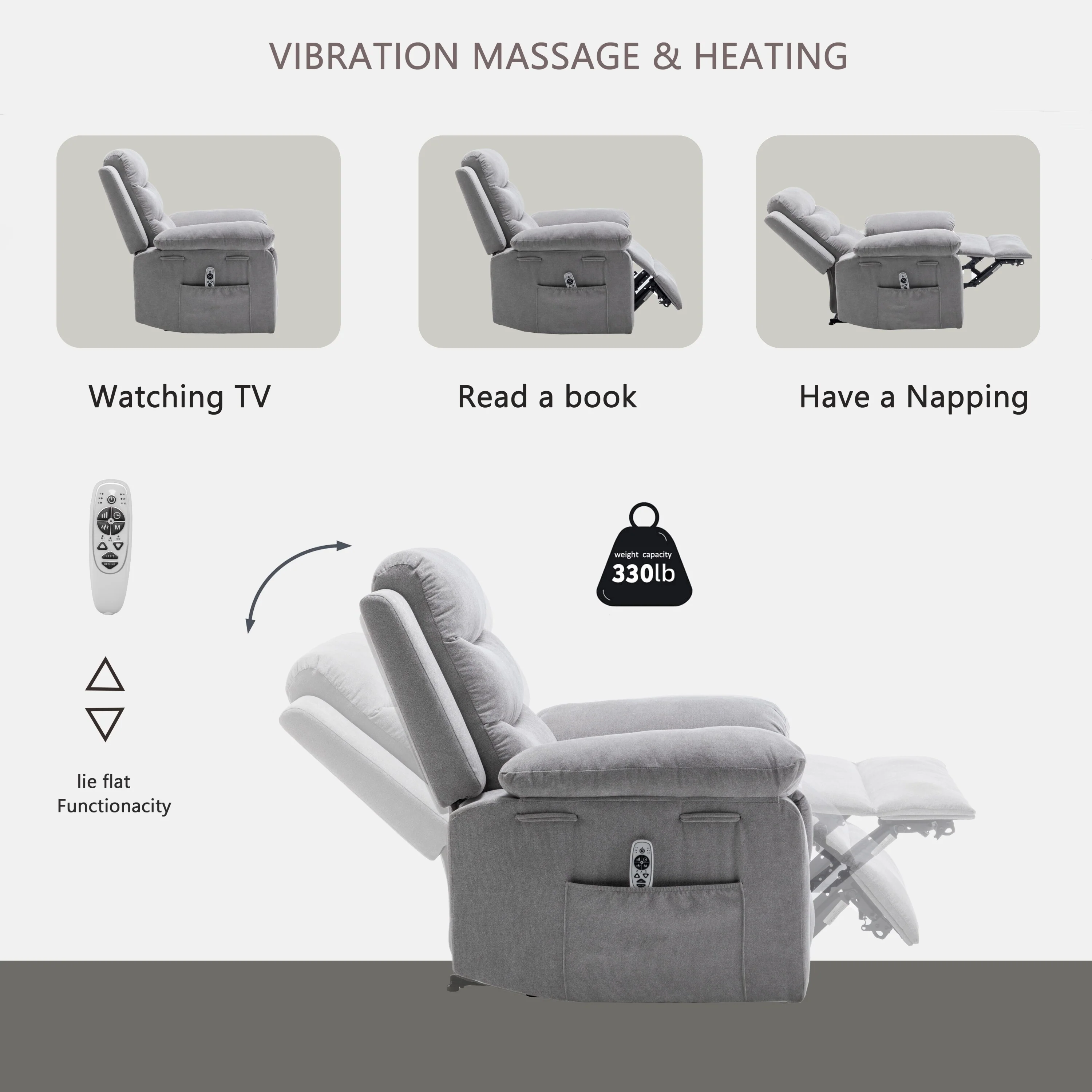 Velvet Adjustable Massage Function Power Recliner Chair with Heating System