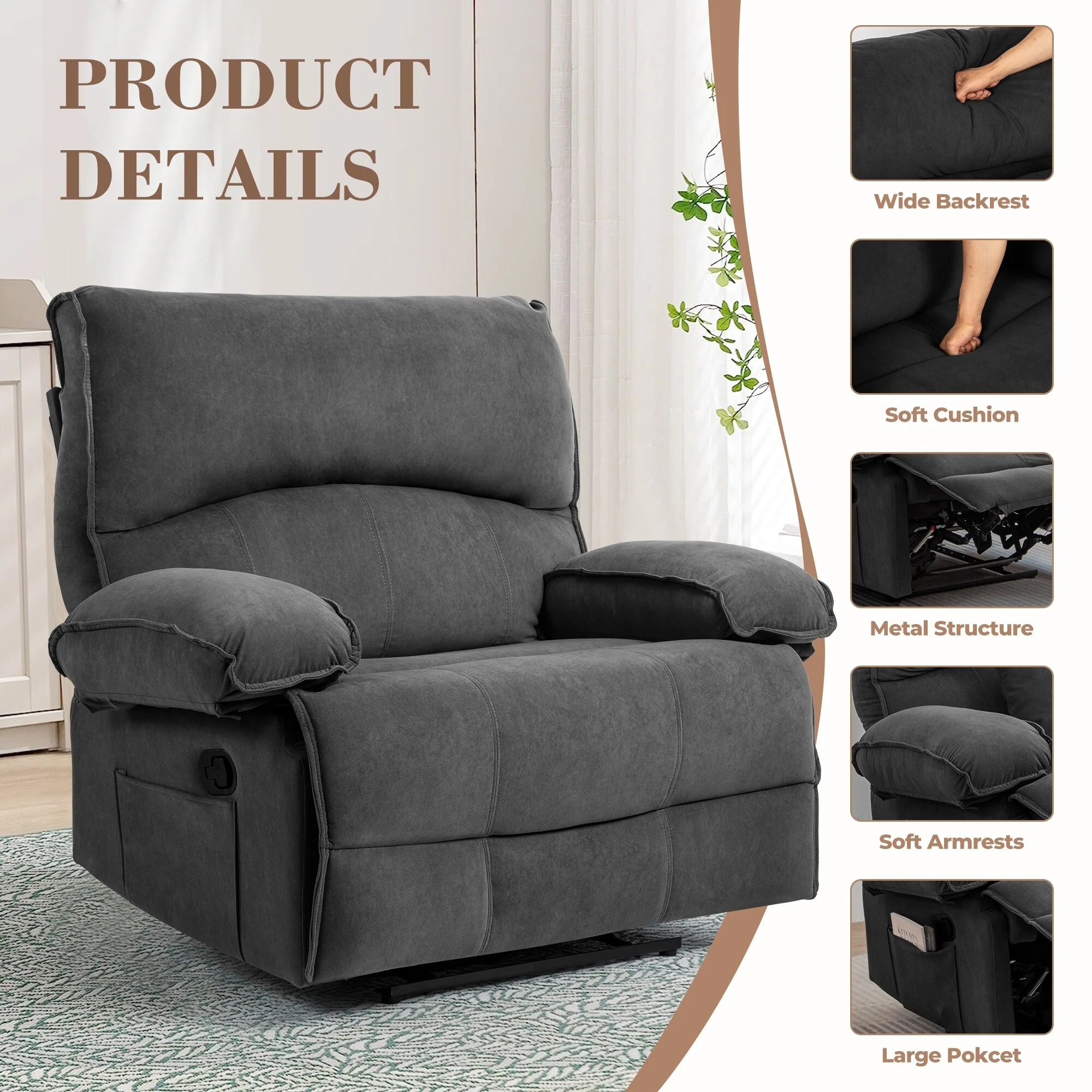 Push?Back Recliner Chair with Massage Pillow & Wide Seat