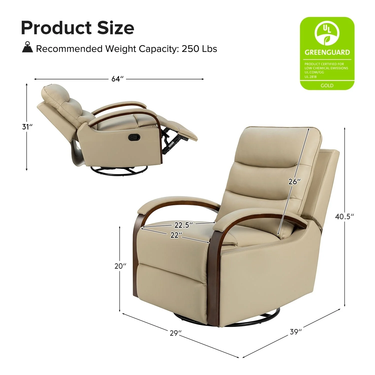 Leopold Genuine Leather Swivel Rocking Manual Recliner Chair with Wooden Arm Accents Set of 2 by HULALA HOME