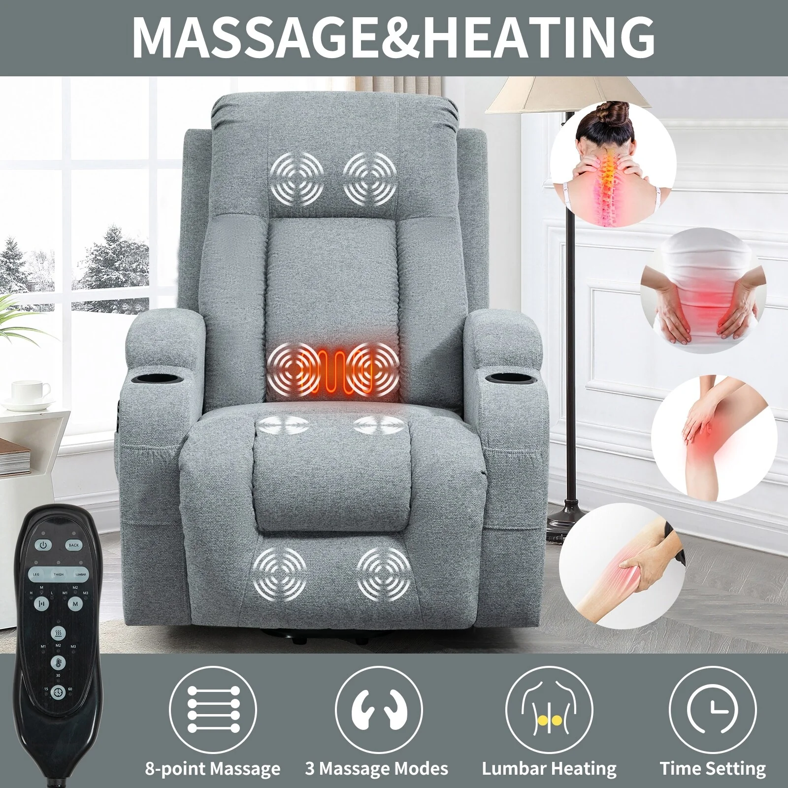 Grey Power Lift Recliner with Massage, Heat  Cup Holders