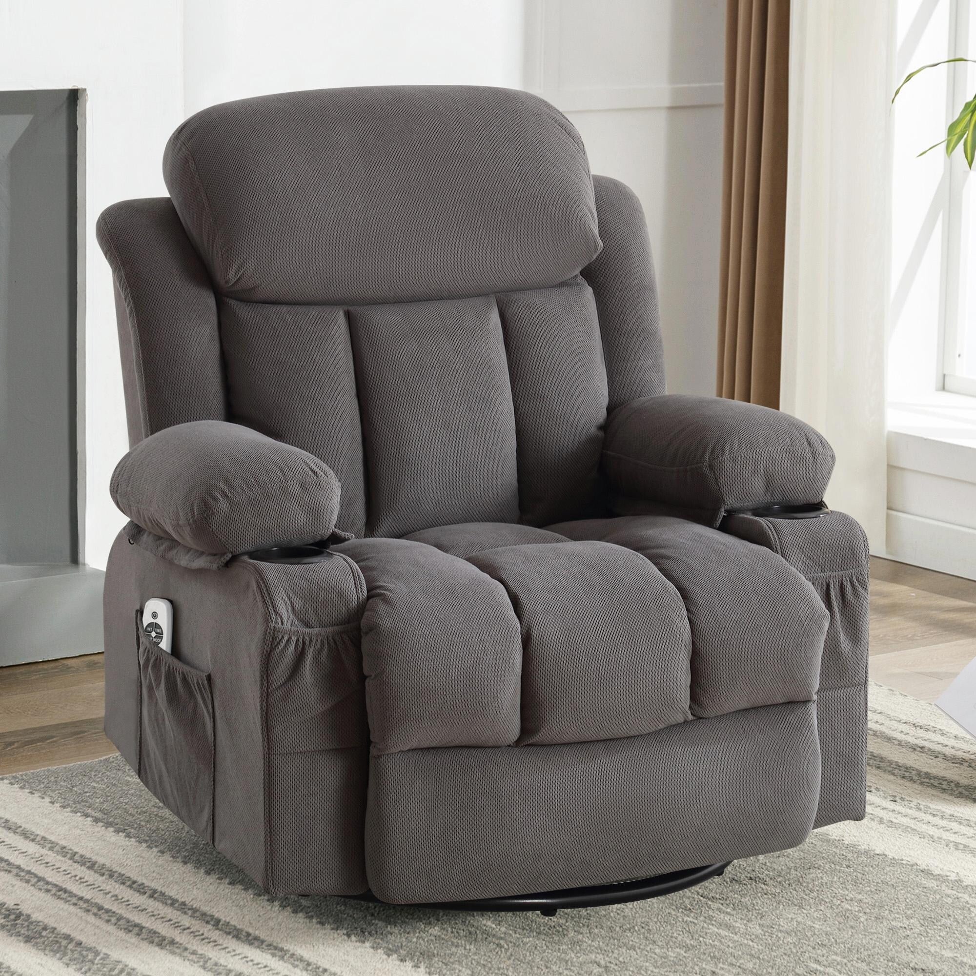 Swinging Recliner Massage Heated Sofa, with USB and 2 Cup Holders in Side Pockets