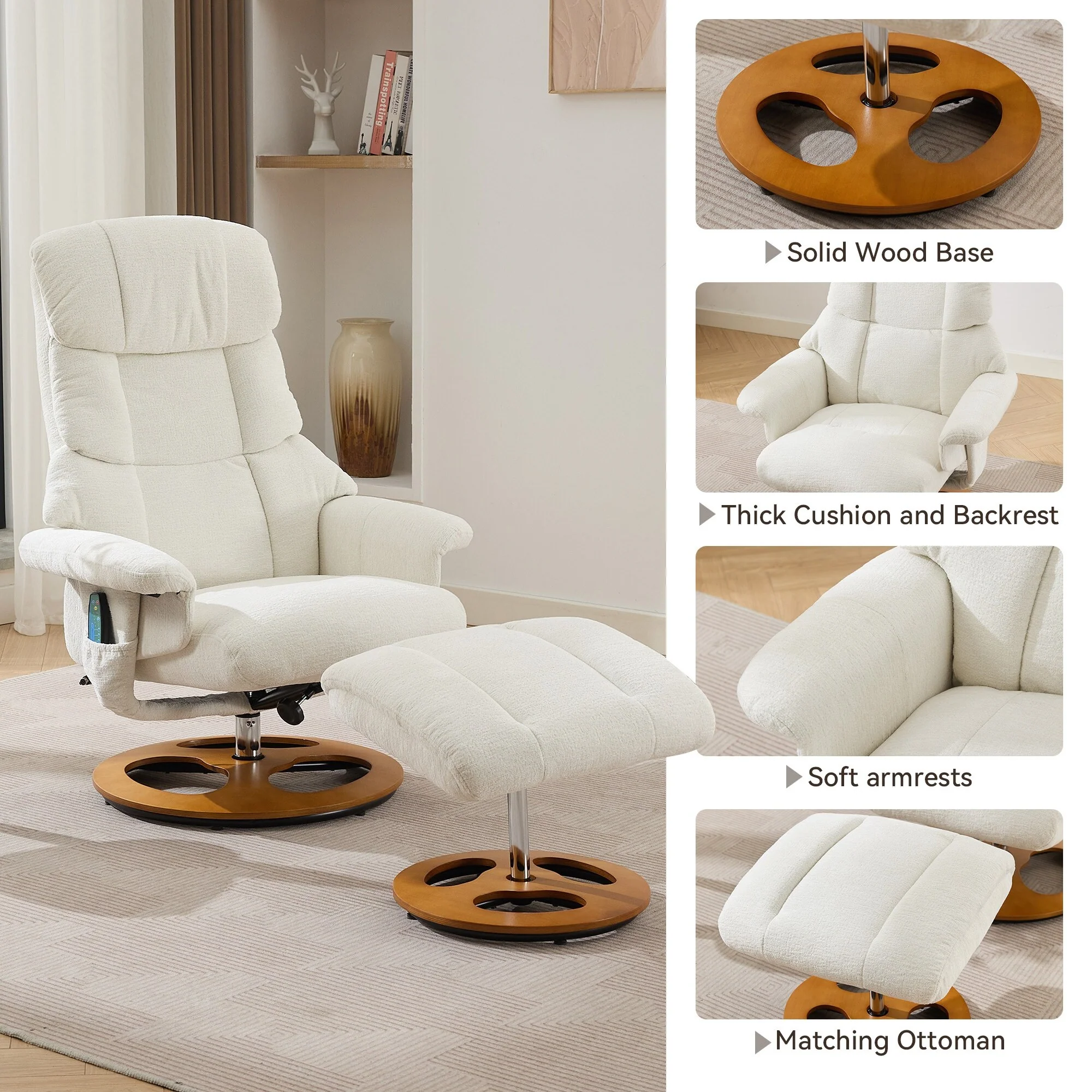 Chenille 360�� Swivel Massage Recliner Chair with Ottoman, Massage and Heated Seat