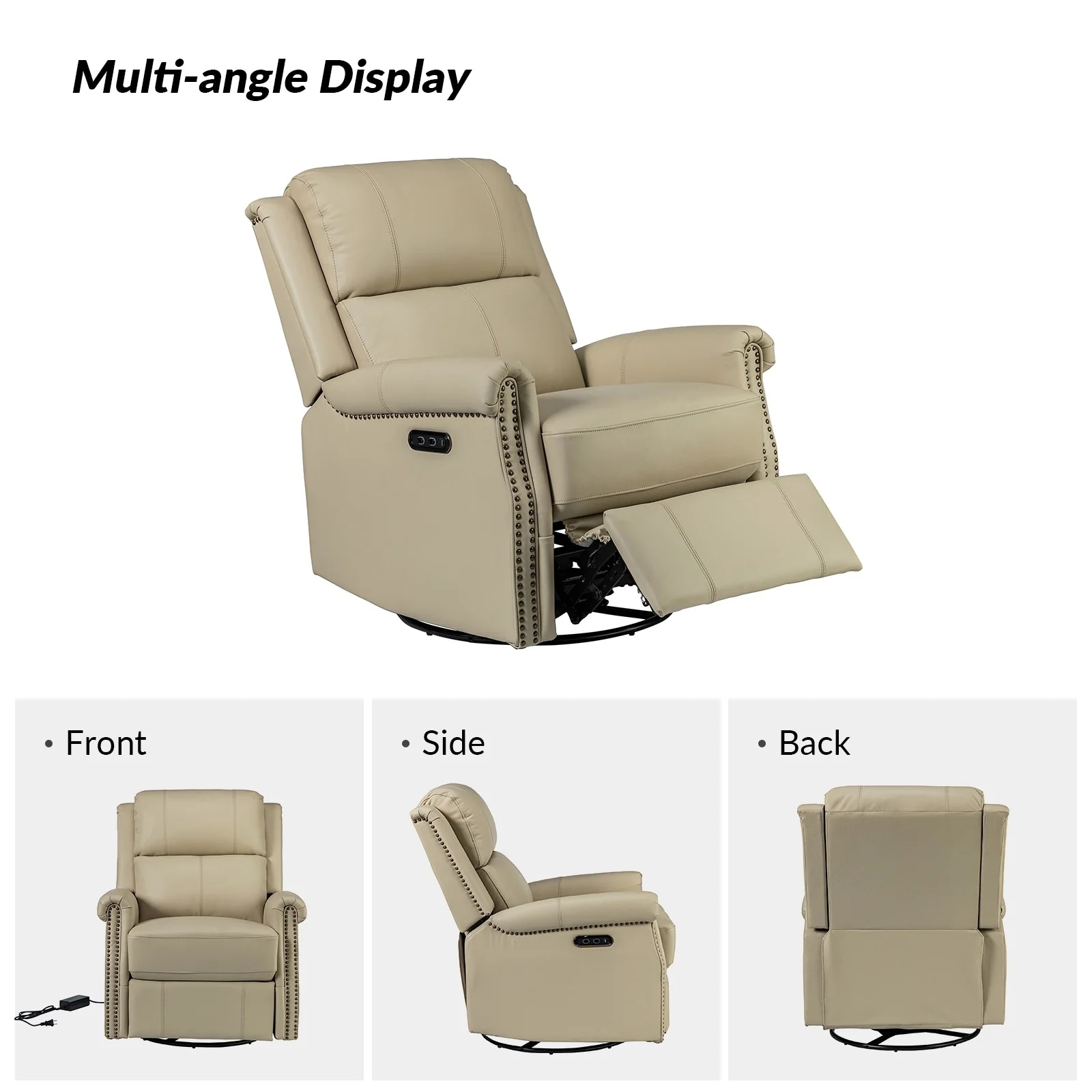 Renato Traditional Genuine Leather Nailhead Power Swivel Recliner Chair with Metal Base Set of 2 by HULALA HOME