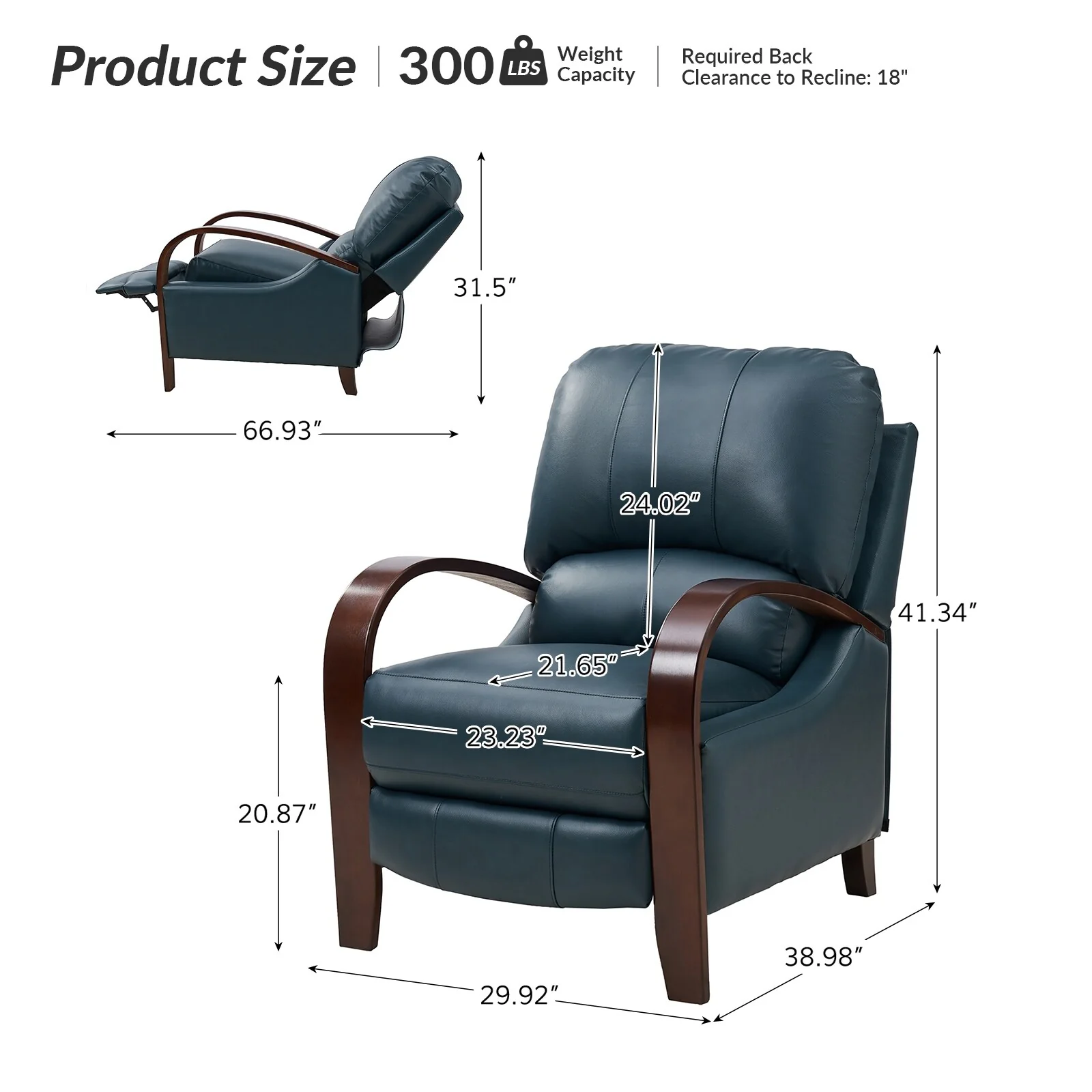 Alex Mid-century Modern Cigar Genuine Leather Manual Recliner with Wooden Curved Arms, Set of 2