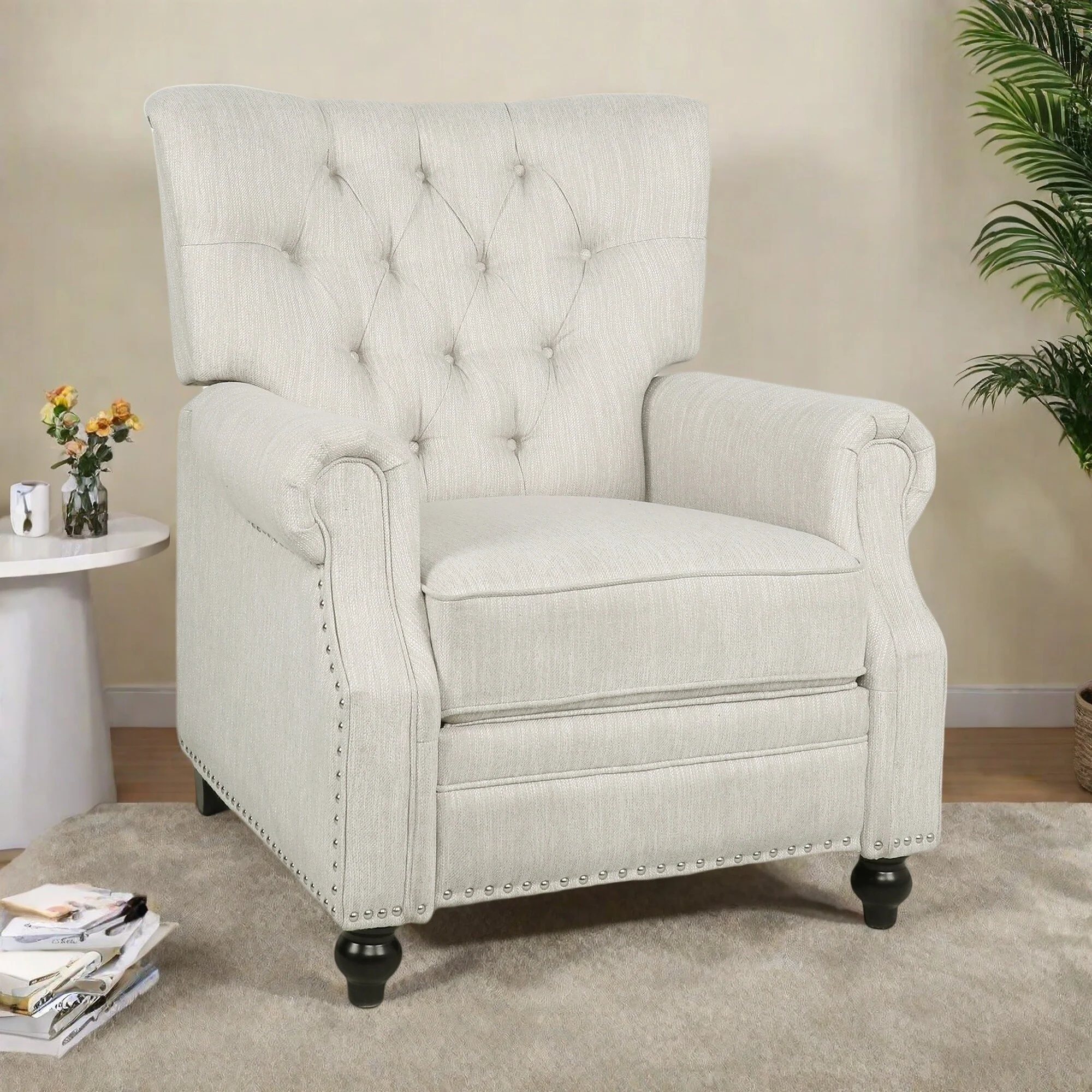 Button Tufted Push-Back Recliner Chair with Nailhead Trim and Rolled Arms