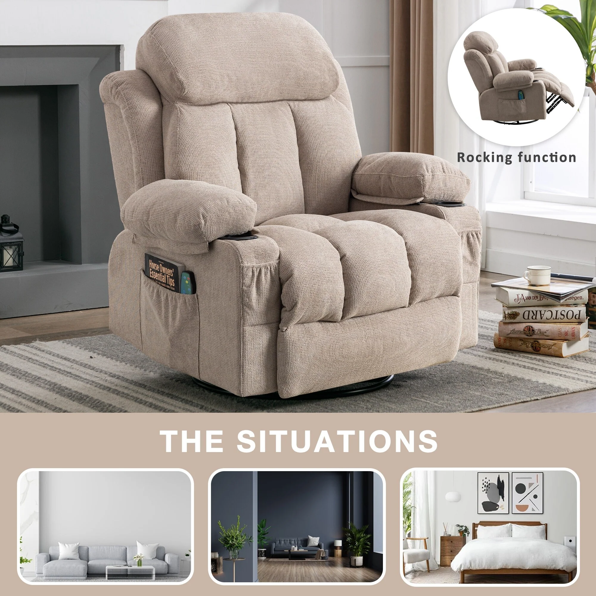 Massage 360 Swivel Rocker Recliner Chair, Heating, Cup Holders, USB