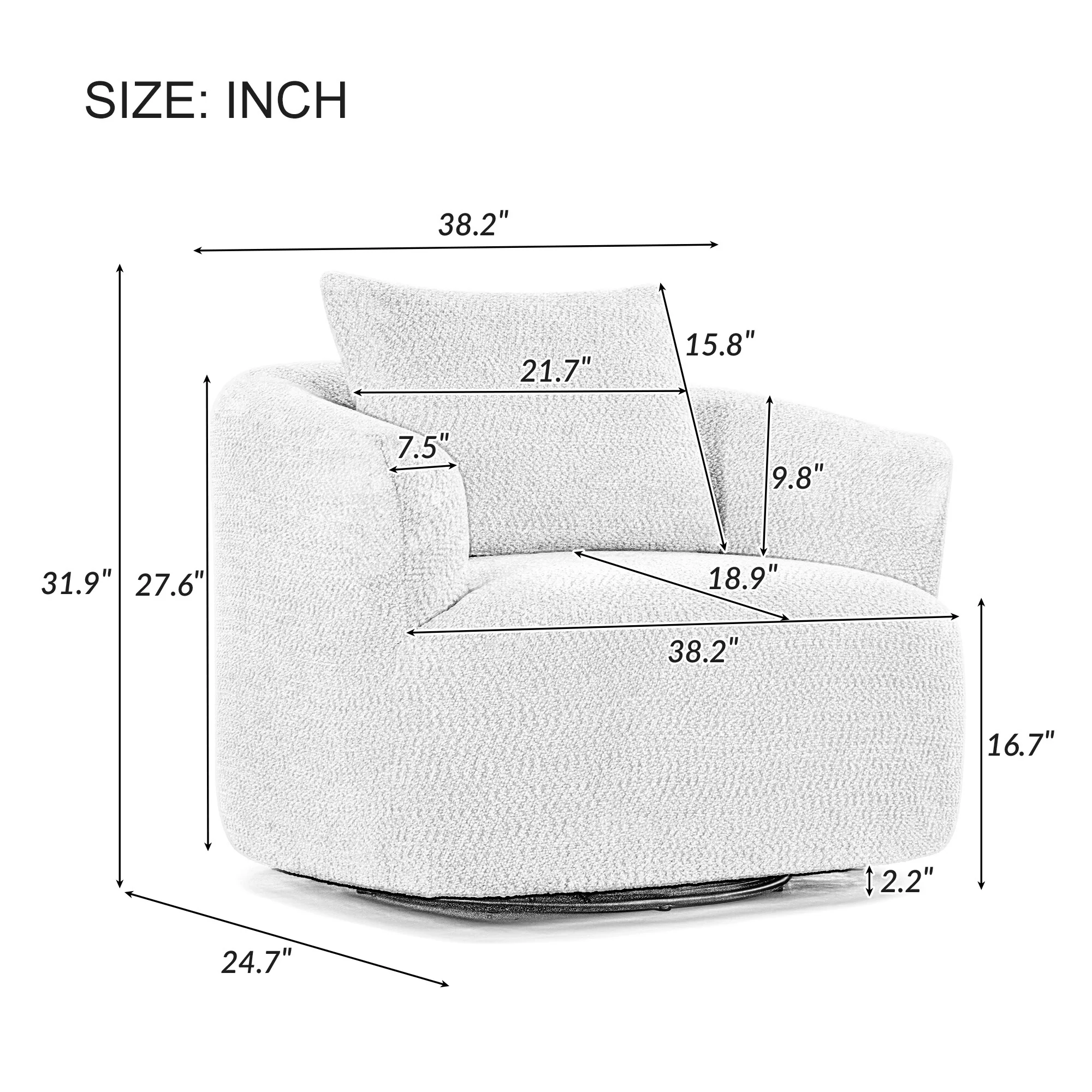 360�� Swivel Chair, 38.2 Boucle Accent Chair with Throw Pillow, Upholstered Barrel Sofa Chair with Curved Armrests