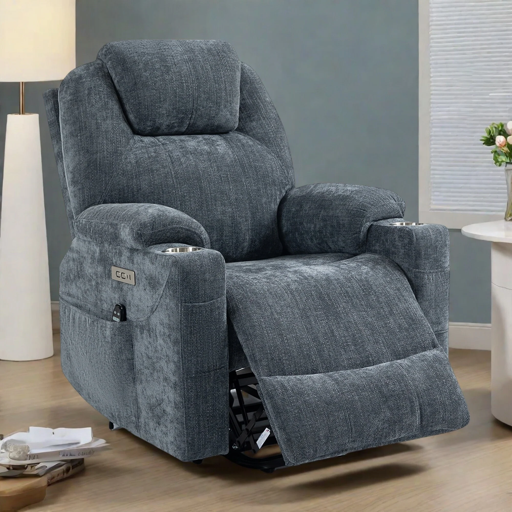 Standard Size Power Lift Recliner Chair with Full-Body Massage, Lumbar Heating, USB Charging, and Cup Holders