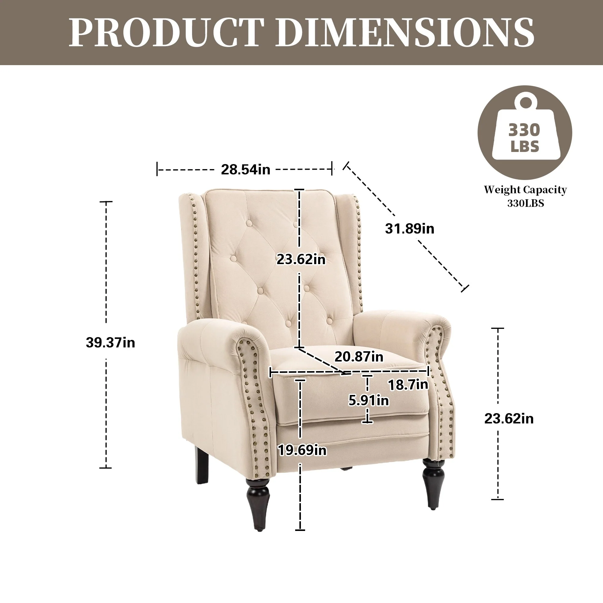 Velvet Upholstered Nailhead Tufted Recliner Chair with Black Legs